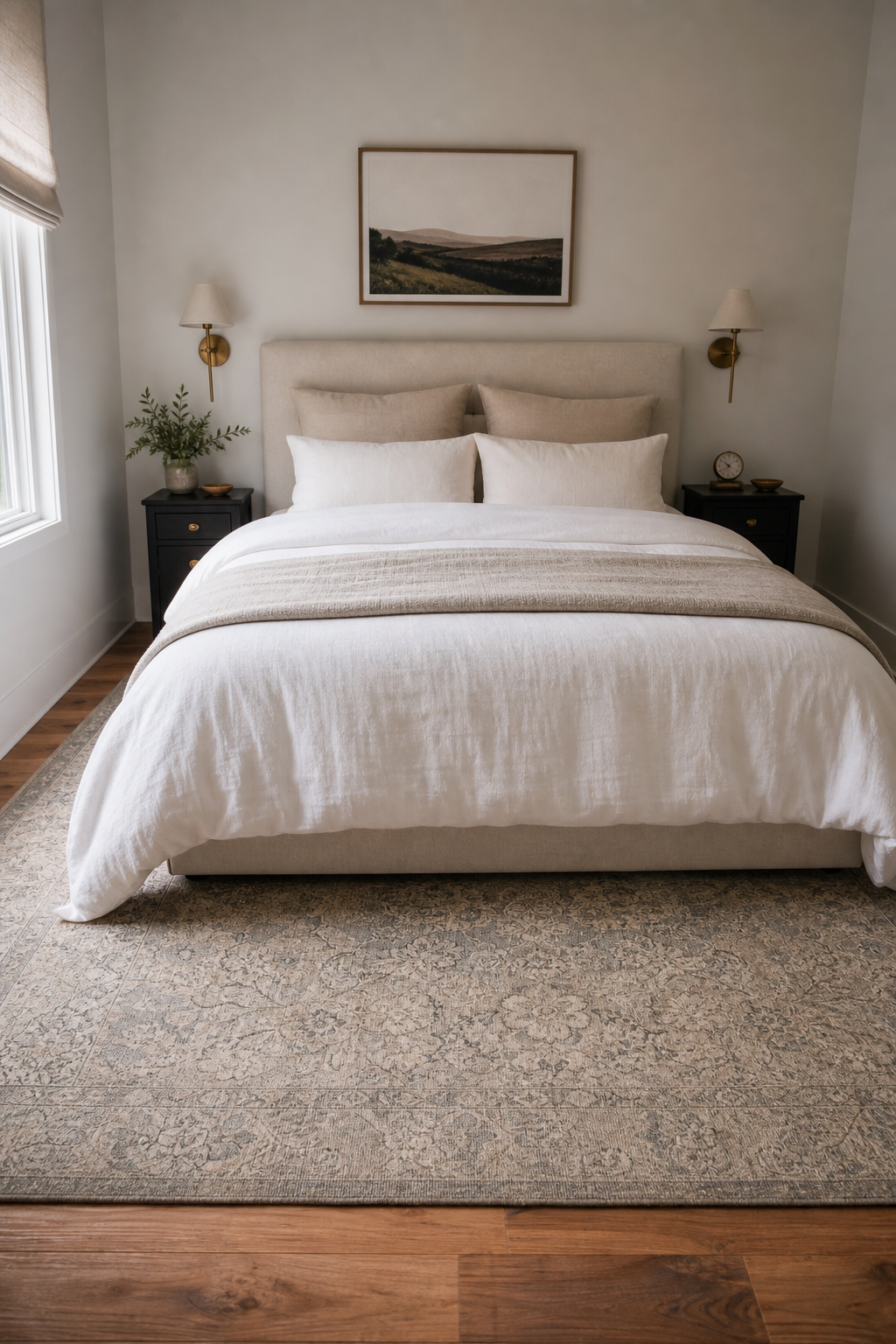 Small bedroom with patterned wool rug placed under the lower two-thirds of the bed
