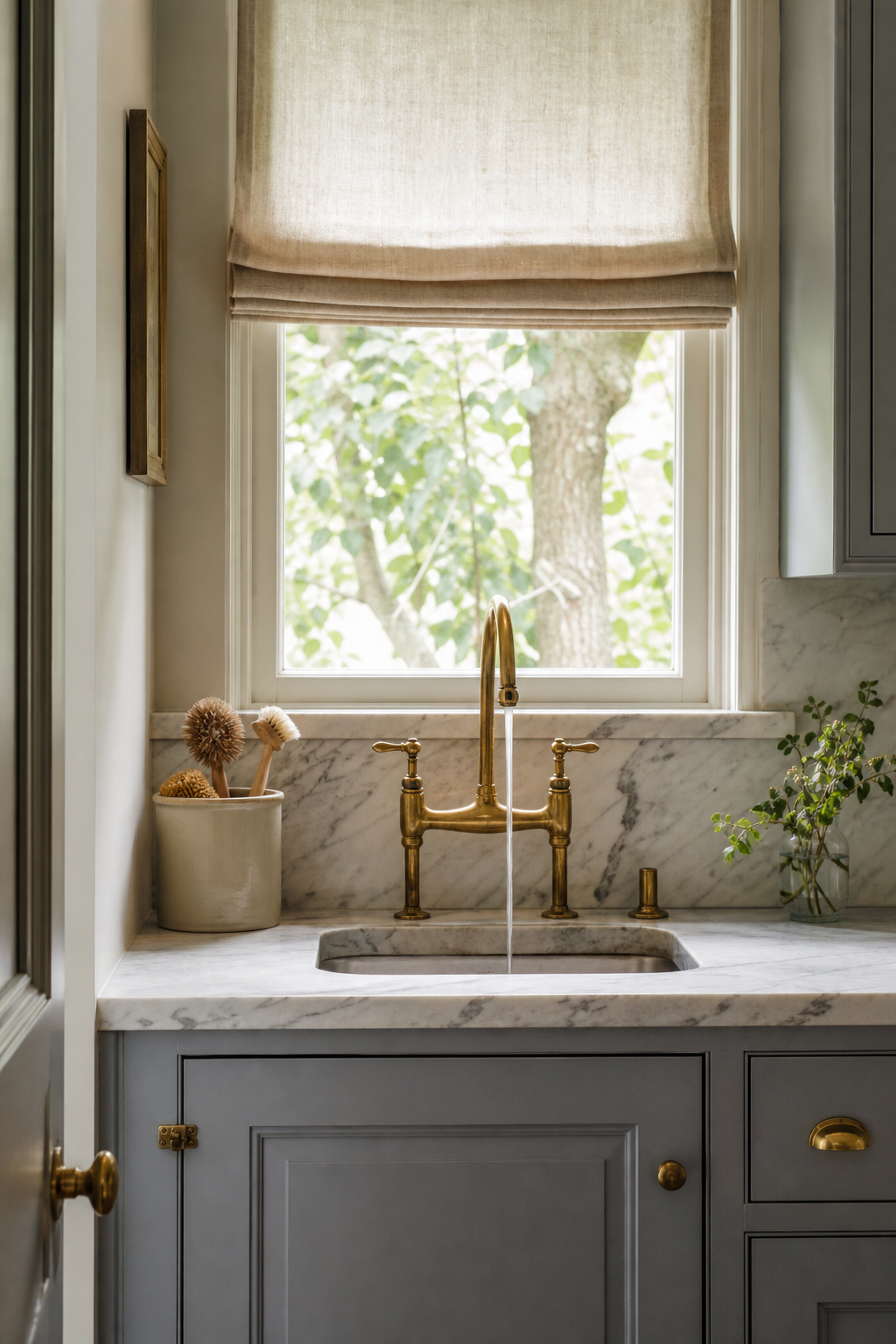 Very small kitchen sink area with brass faucet, marble backsplash, blue-gray cabinets, and linen shade