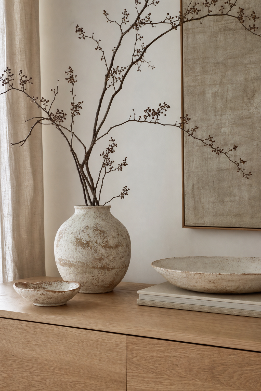 Scandinavian sideboard styled with handmade ceramic pieces