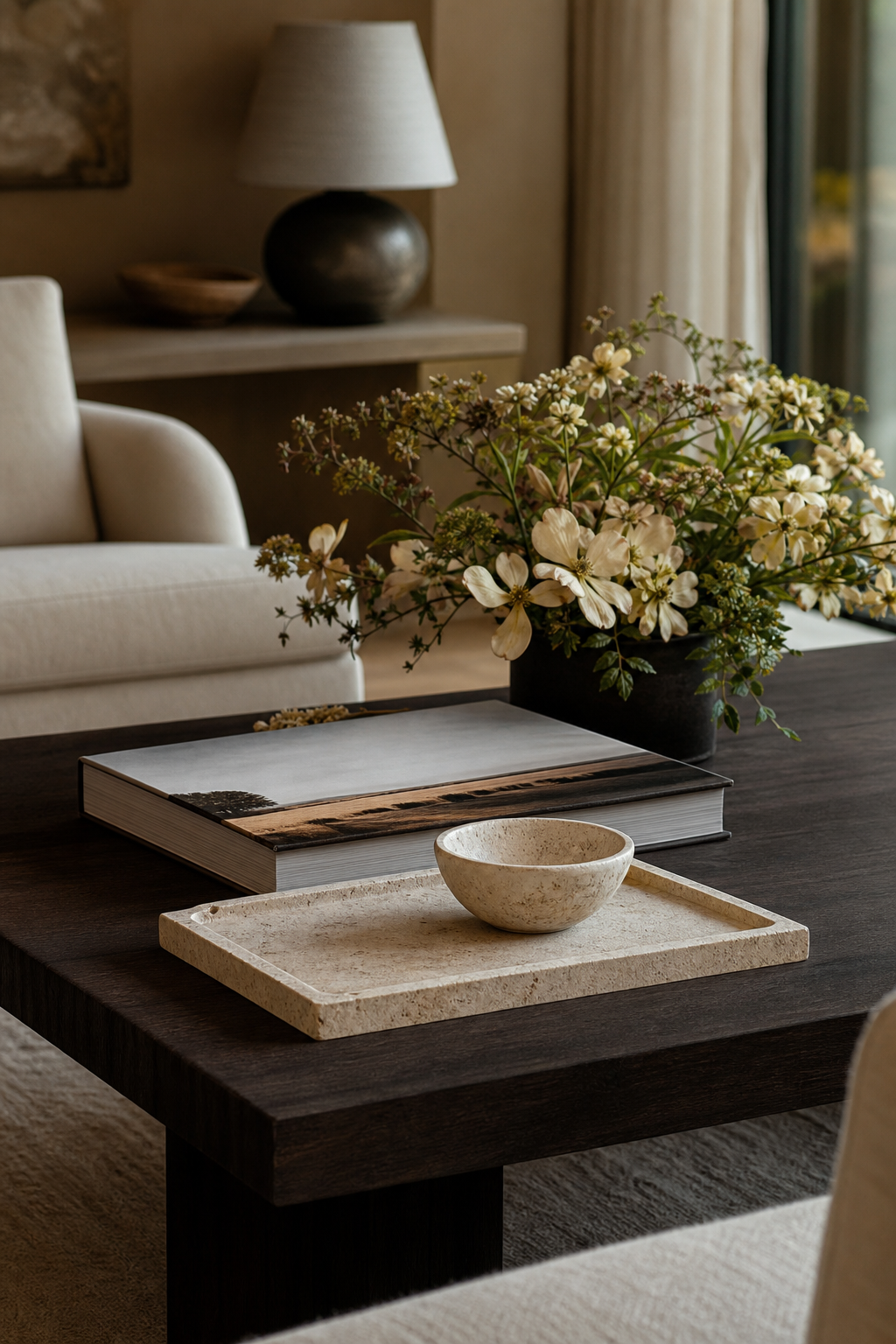 Luxury coffee table styled with art books, travertine tray, ceramic bowl, candle, and edited decorative objects