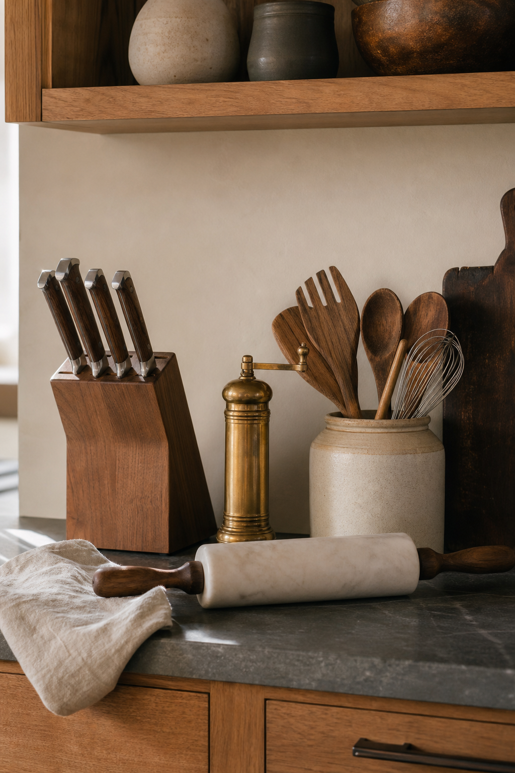 everyday tools in beautiful materials in a warm functional kitchen