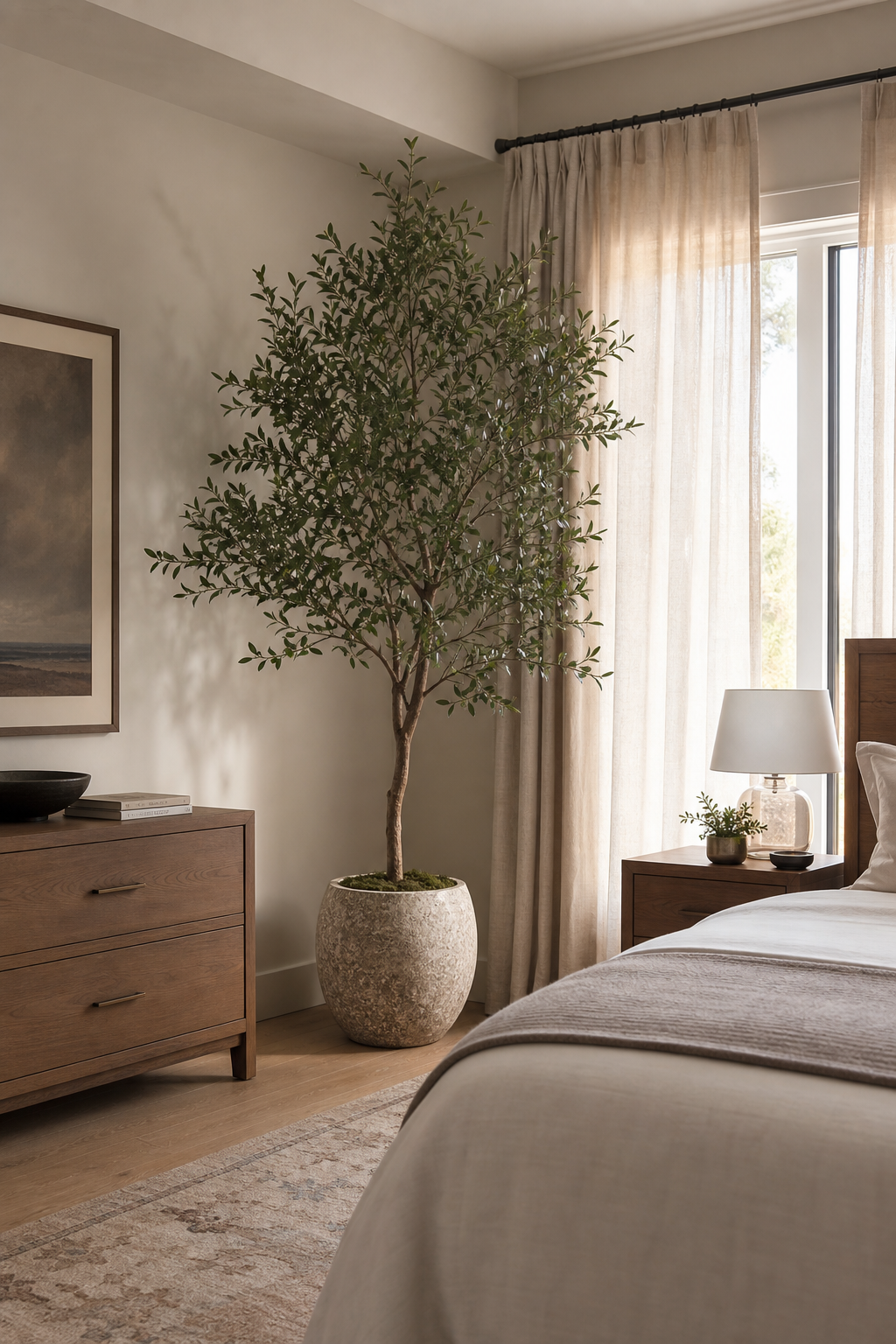 Personal bedroom with one tall potted plant near window adding natural scale