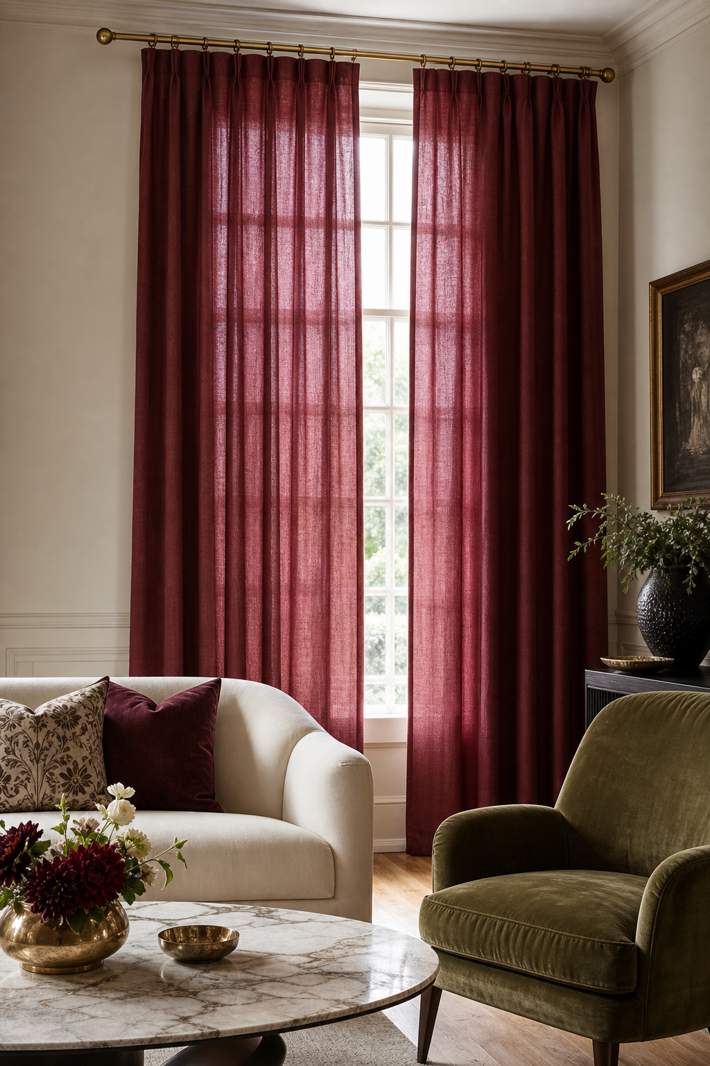 Refined living room with raspberry linen drapery, cream sofa, olive chair, and marble coffee table