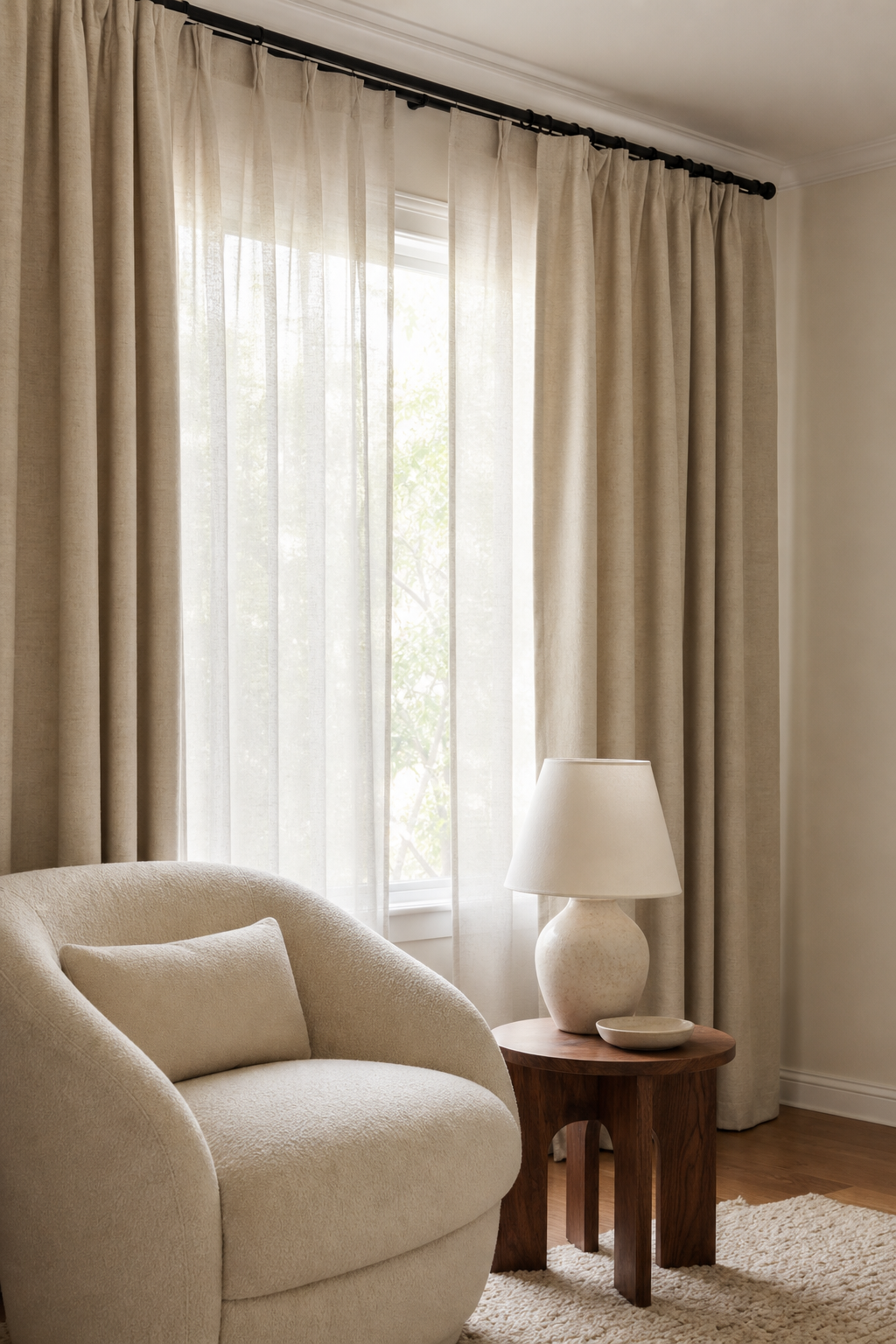 Layered linen curtains on slim black window hardware