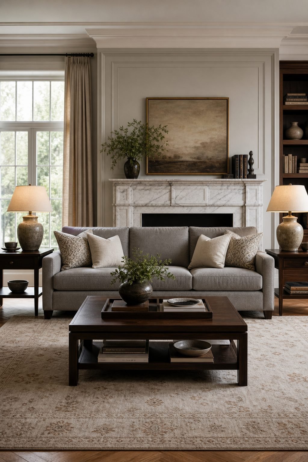 Gray 3 seater sofa framed by matching walnut side tables and warm table lamps