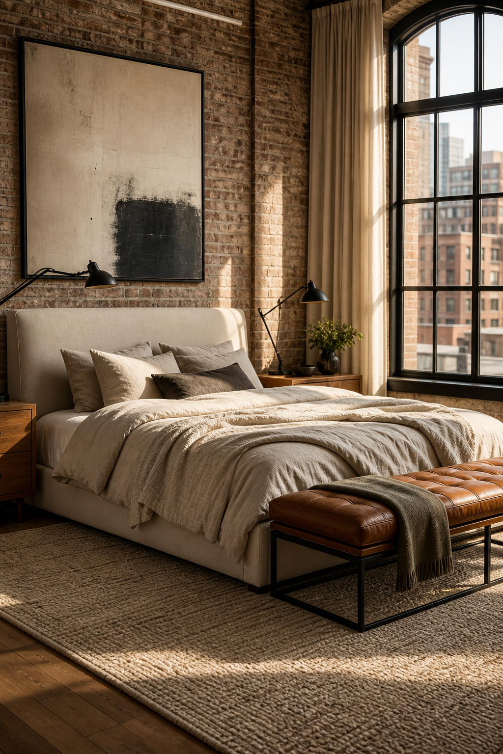 Urban loft bedroom with exposed brick, upholstered bed, linen bedding, and leather bench