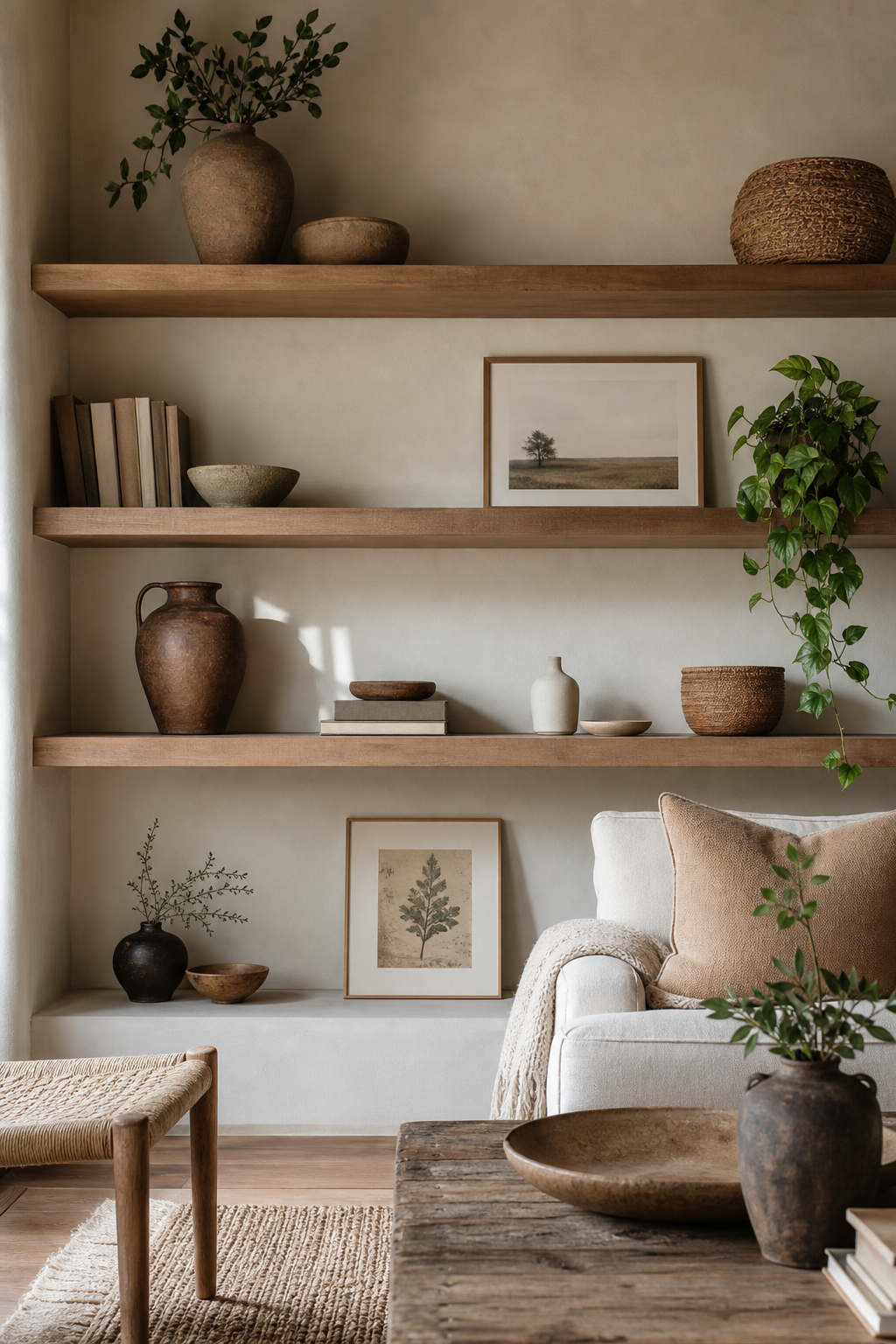 Boho shelves styled with ceramics, books, baskets, and generous negative space