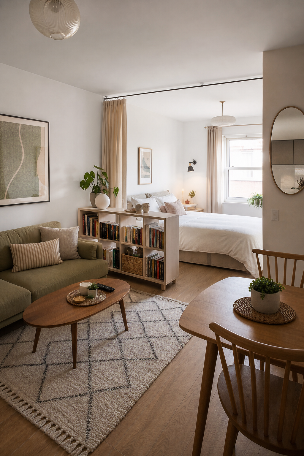 Open studio apartment with defined living sleeping and dining zones