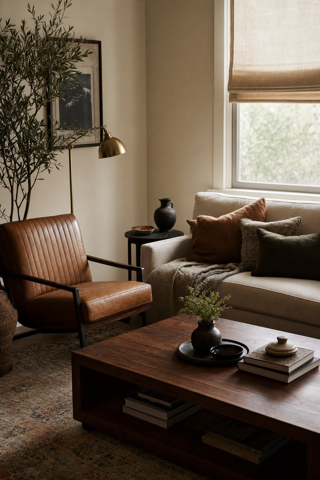 Warm small living room palette with varied designer materials
