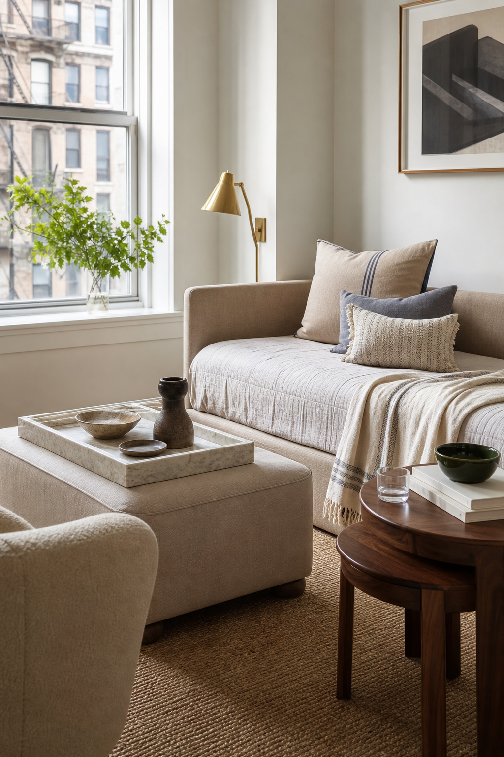 Refined multi-use furniture in a cozy small apartment with storage ottoman and daybed