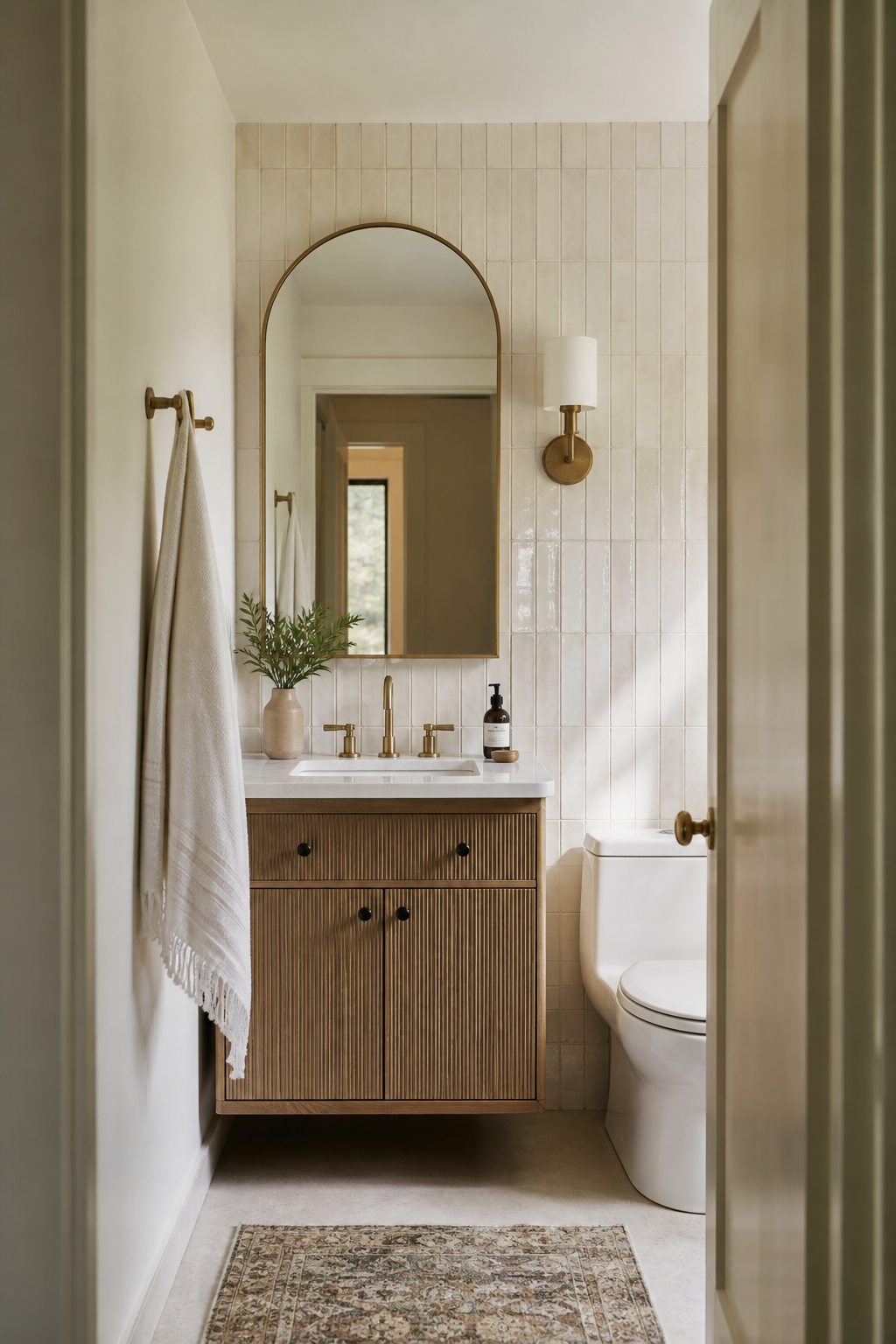 Small full bathroom idea with finish with one strong focal detail