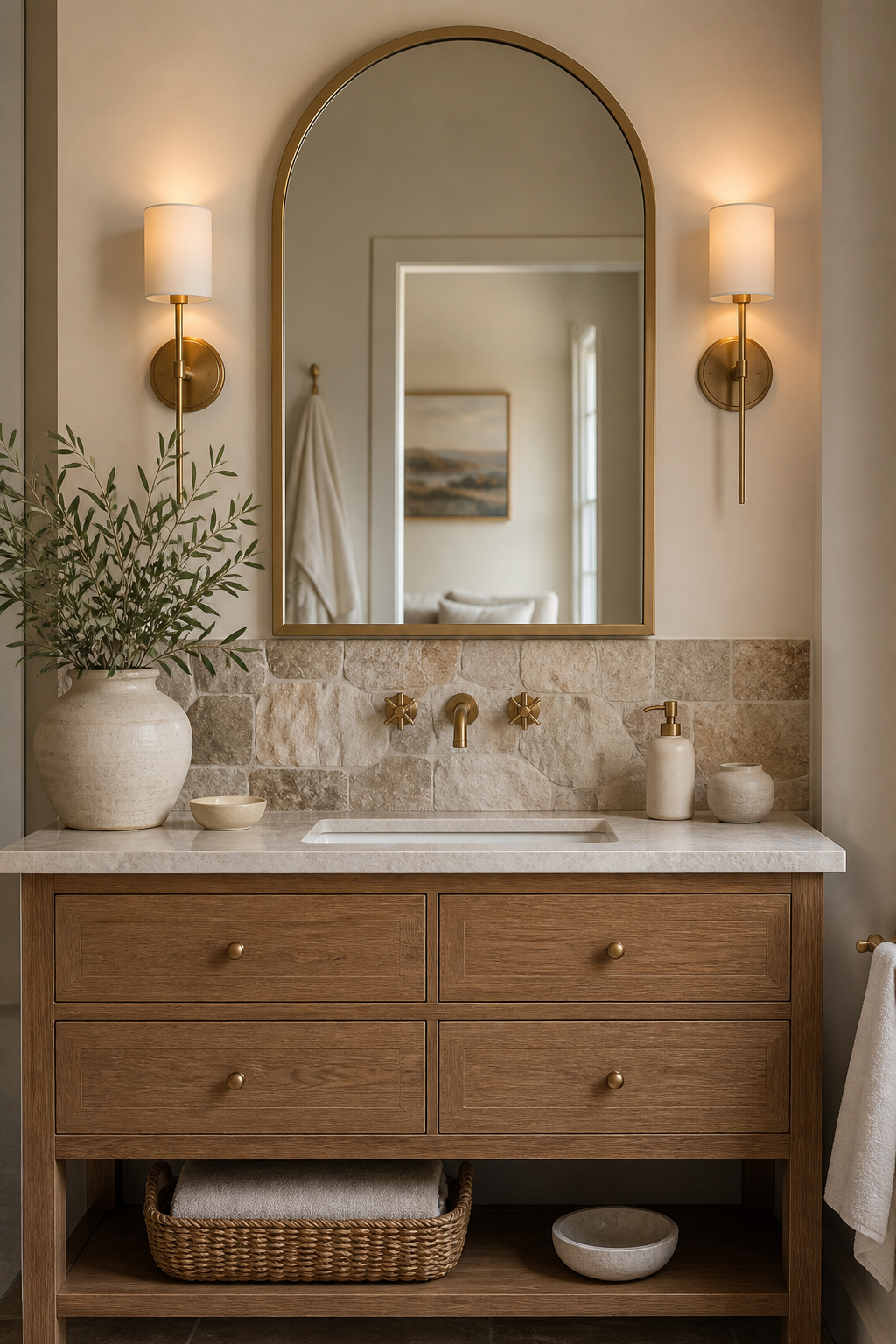 Framed arched bathroom mirror above an oak vanity