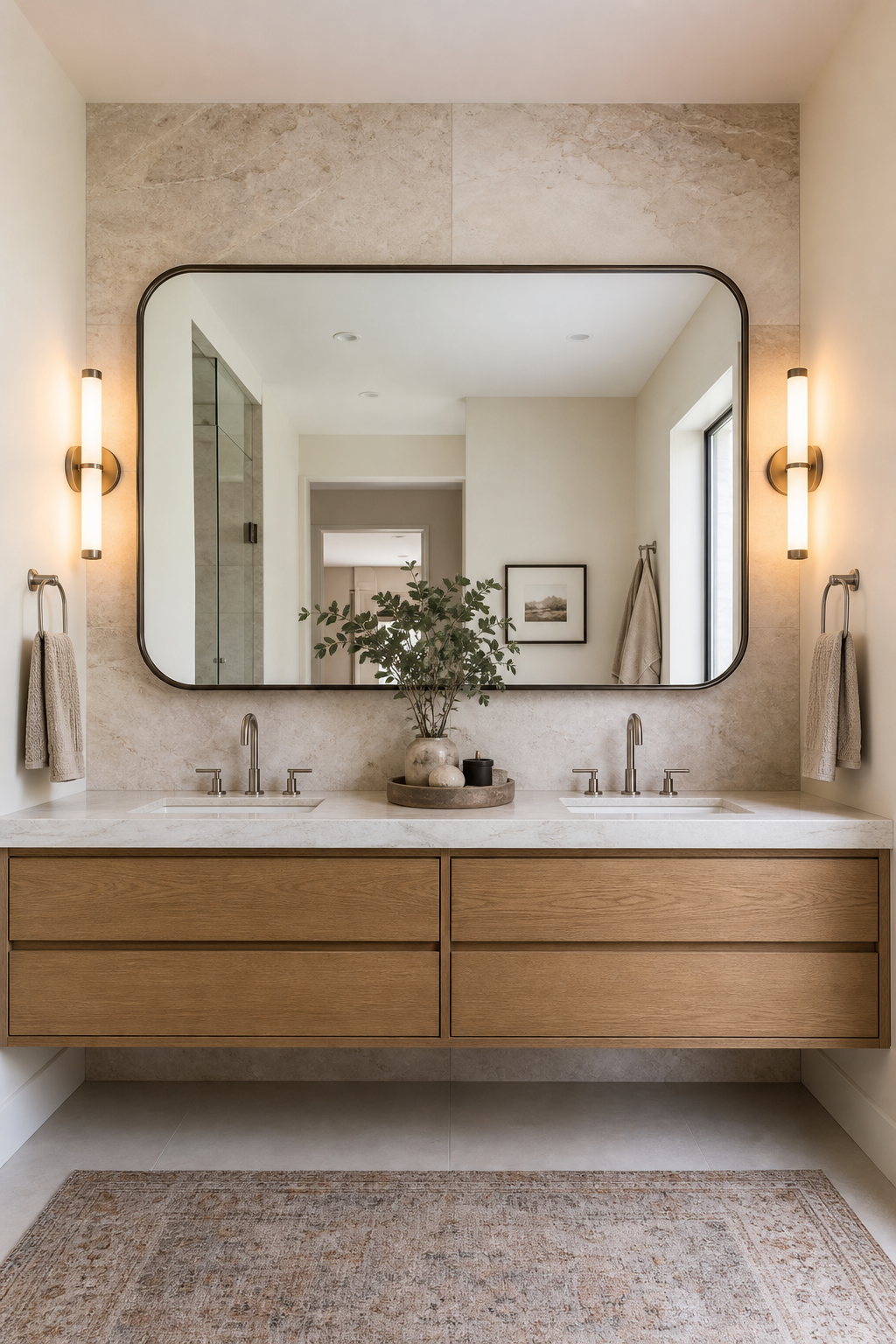Double floating vanity with oversized rounded mirror, side sconces, and warm stone backsplash