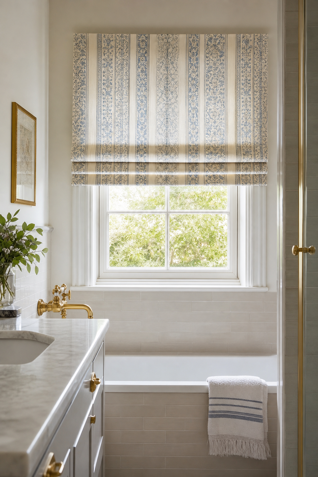 Small bathroom window with subtle striped Roman shade