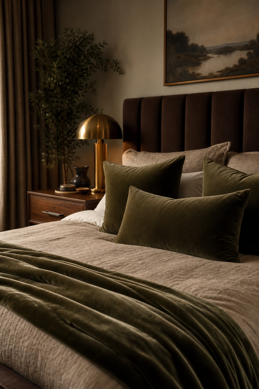 Moody olive accents adding depth to a cozy neutral bedroom