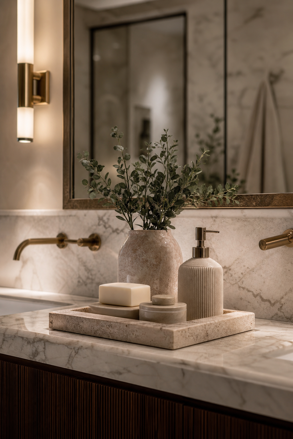 Edited bathroom counter styling with a tray
