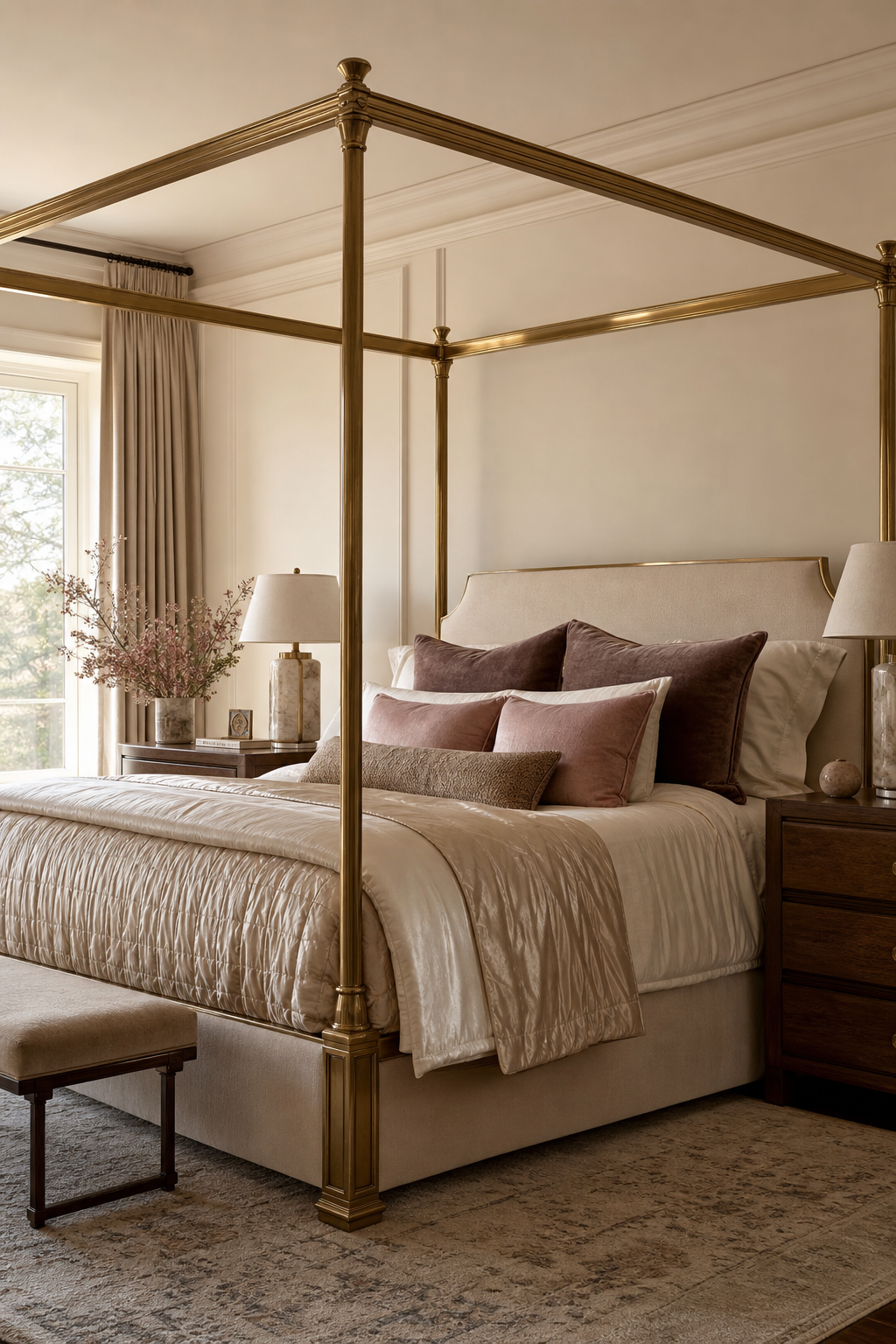 Aged brass canopy bed with warm glamorous bedroom styling