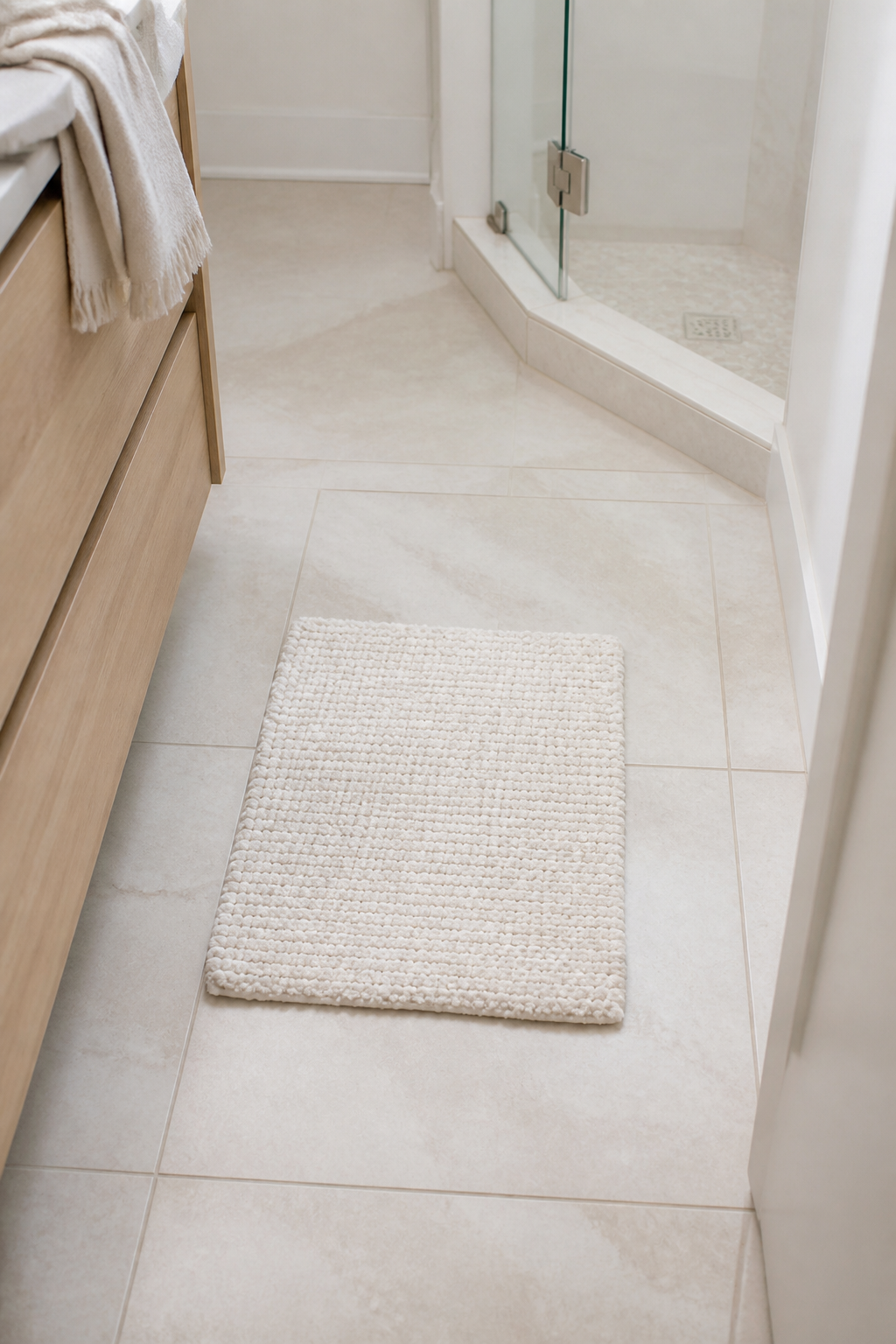 Small textured bath mat preserving floor space in a tiny bathroom