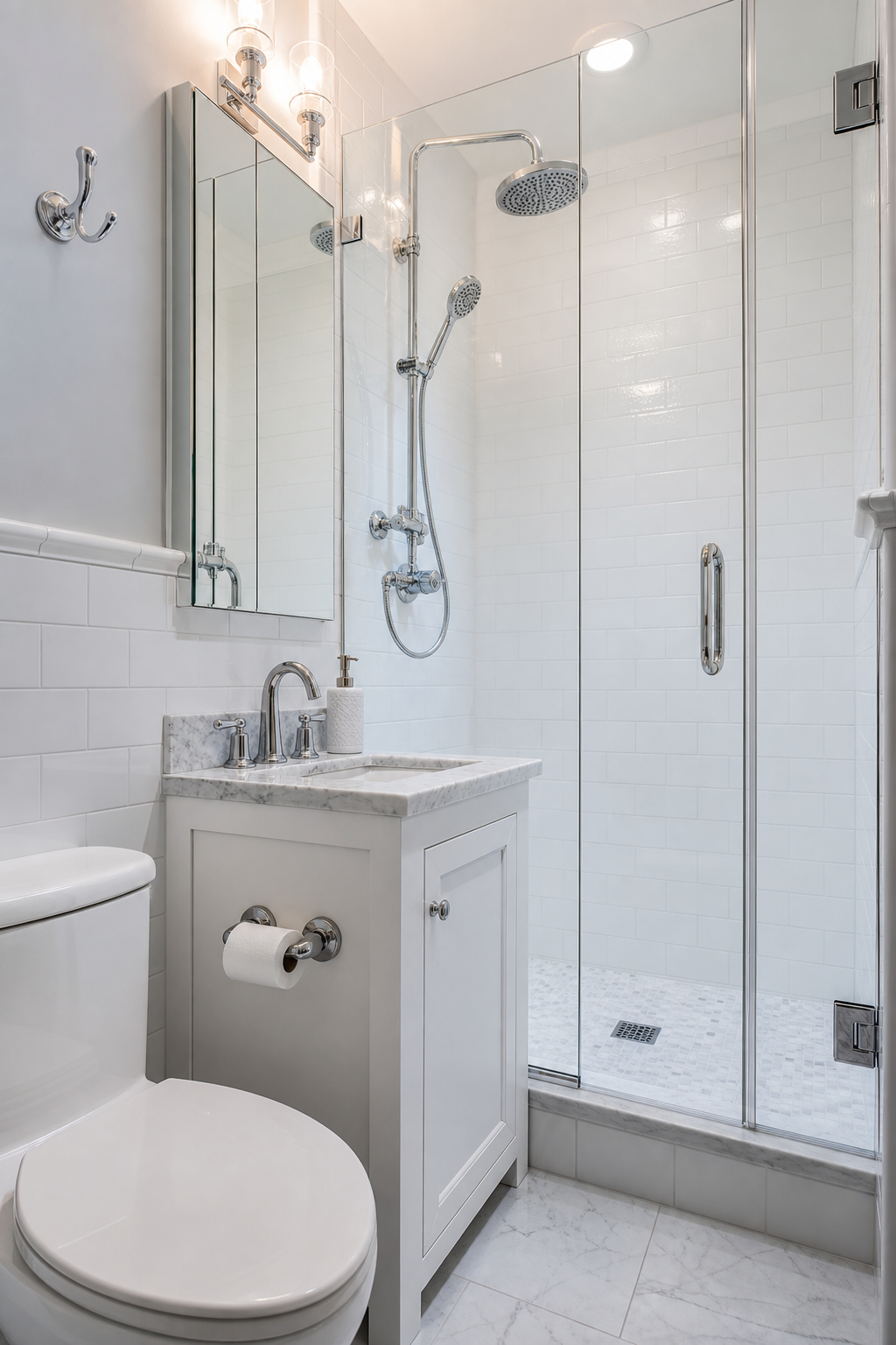 Small bathroom interior idea with use chrome for a brighter modern look