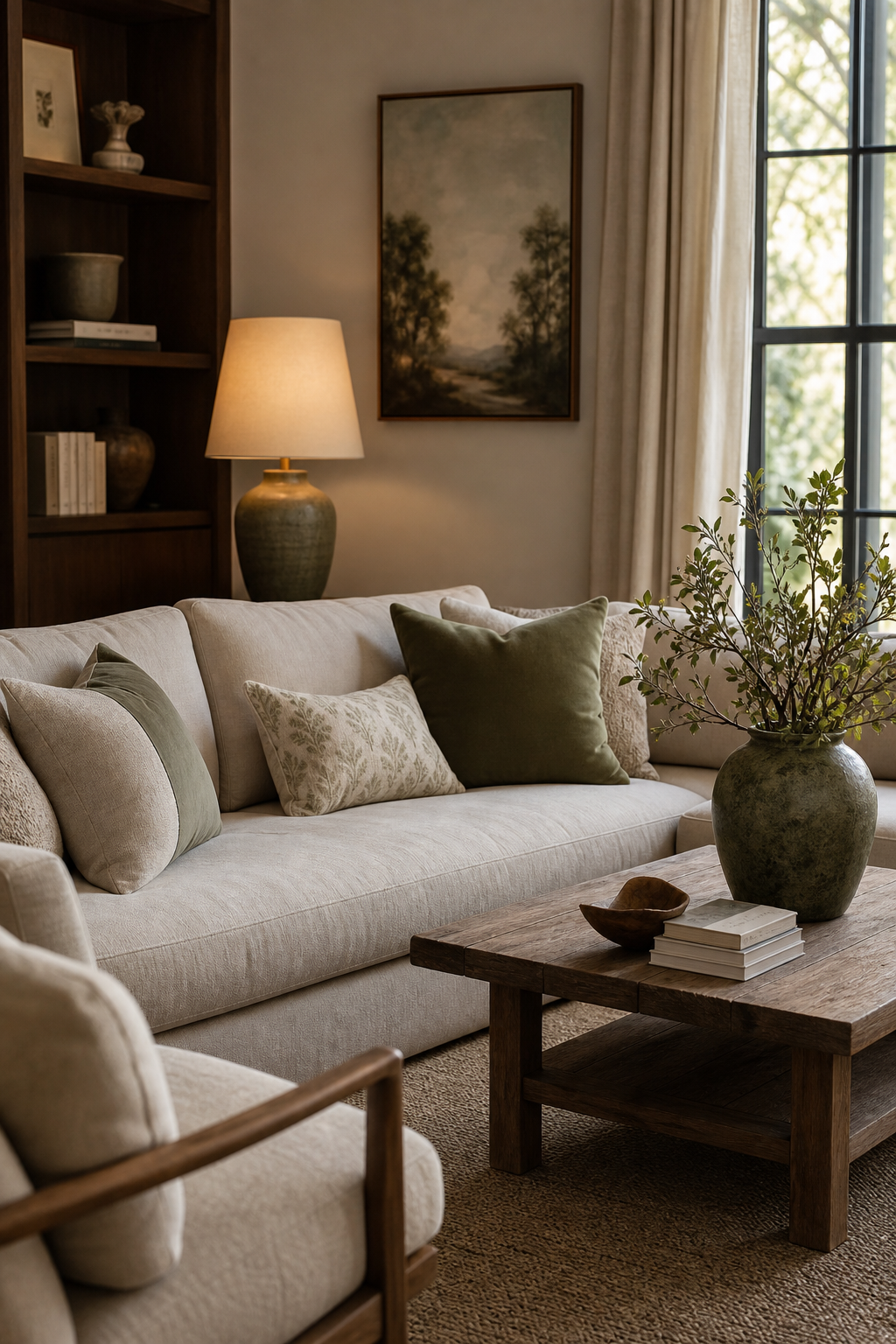Cozy neutral living room with quiet moss green accents