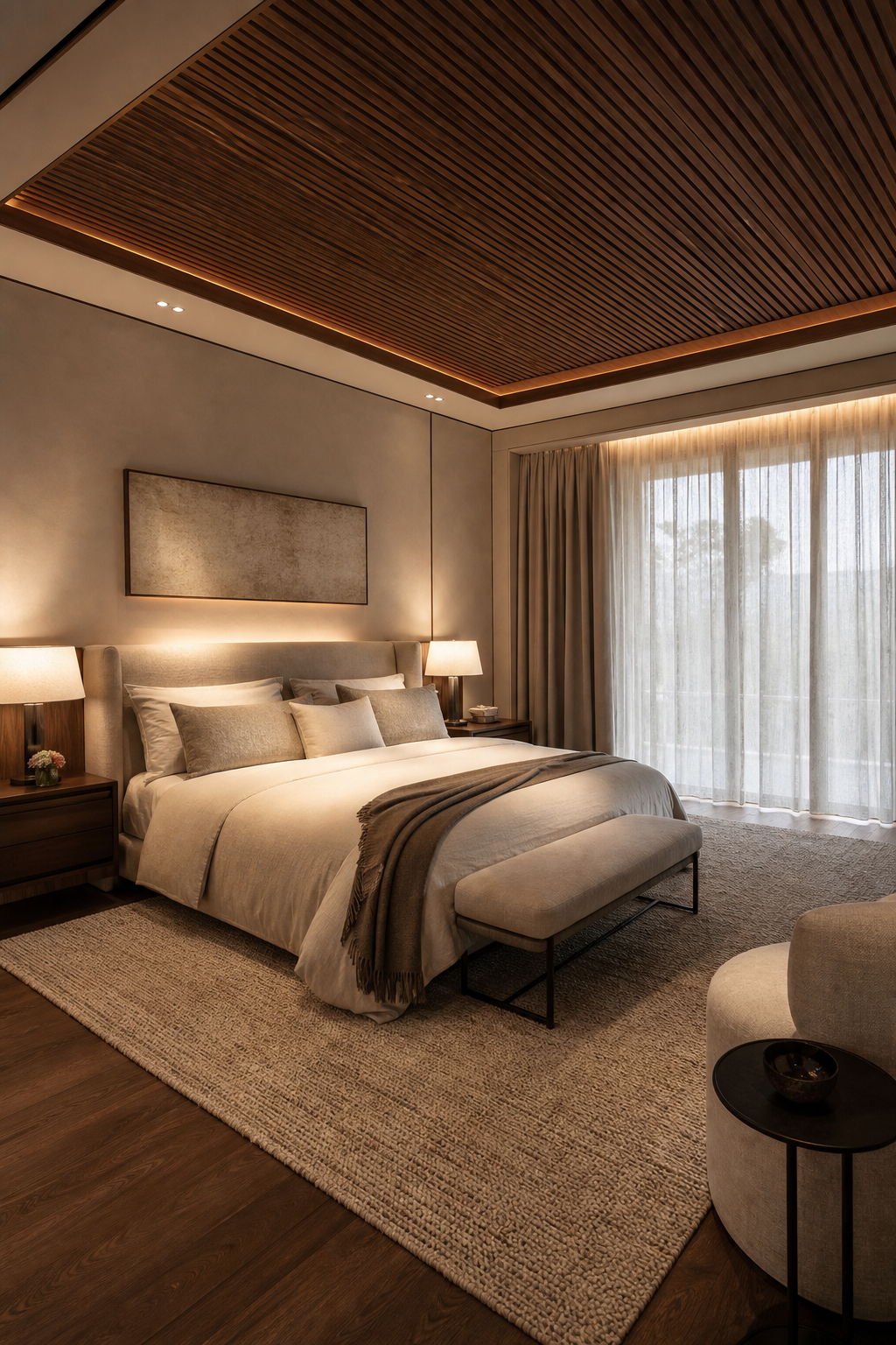Luxury bedroom with slatted walnut ceiling and warm cove lighting
