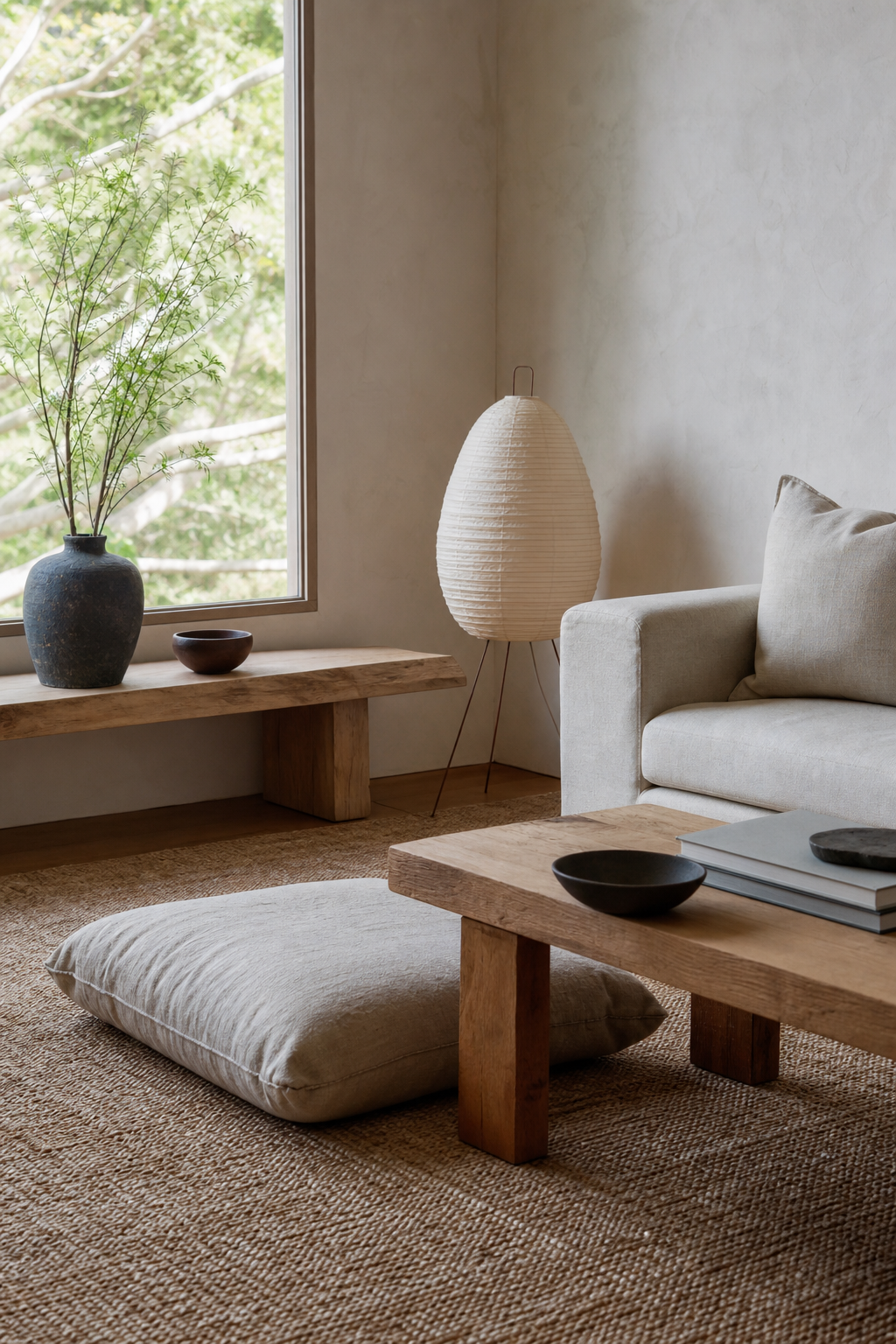 Japandi living room with low wood bench and linen floor cushion