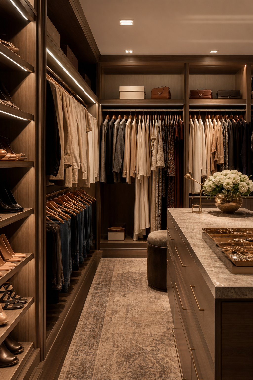 Luxury walk-in closet with warm wood shelves, organized clothes, and soft lighting