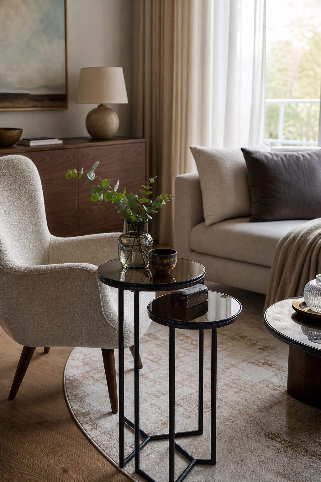 Contemporary living room with smoked glass nesting tables for flexible entertaining