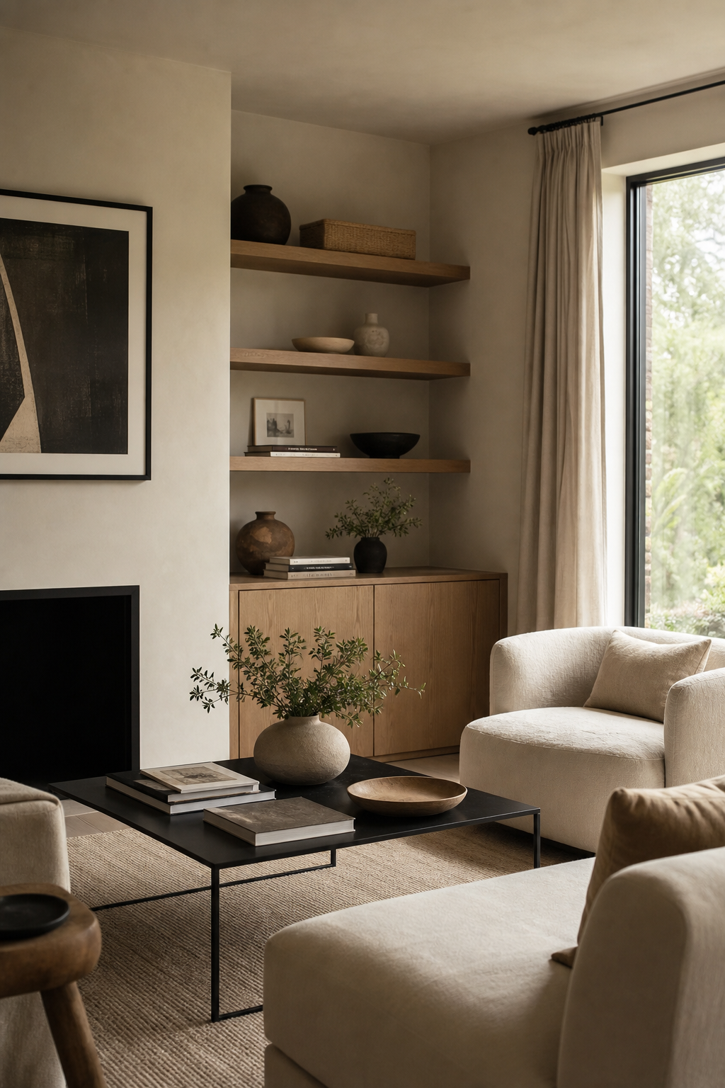 use black accents sparingly in a cozy minimalist living room