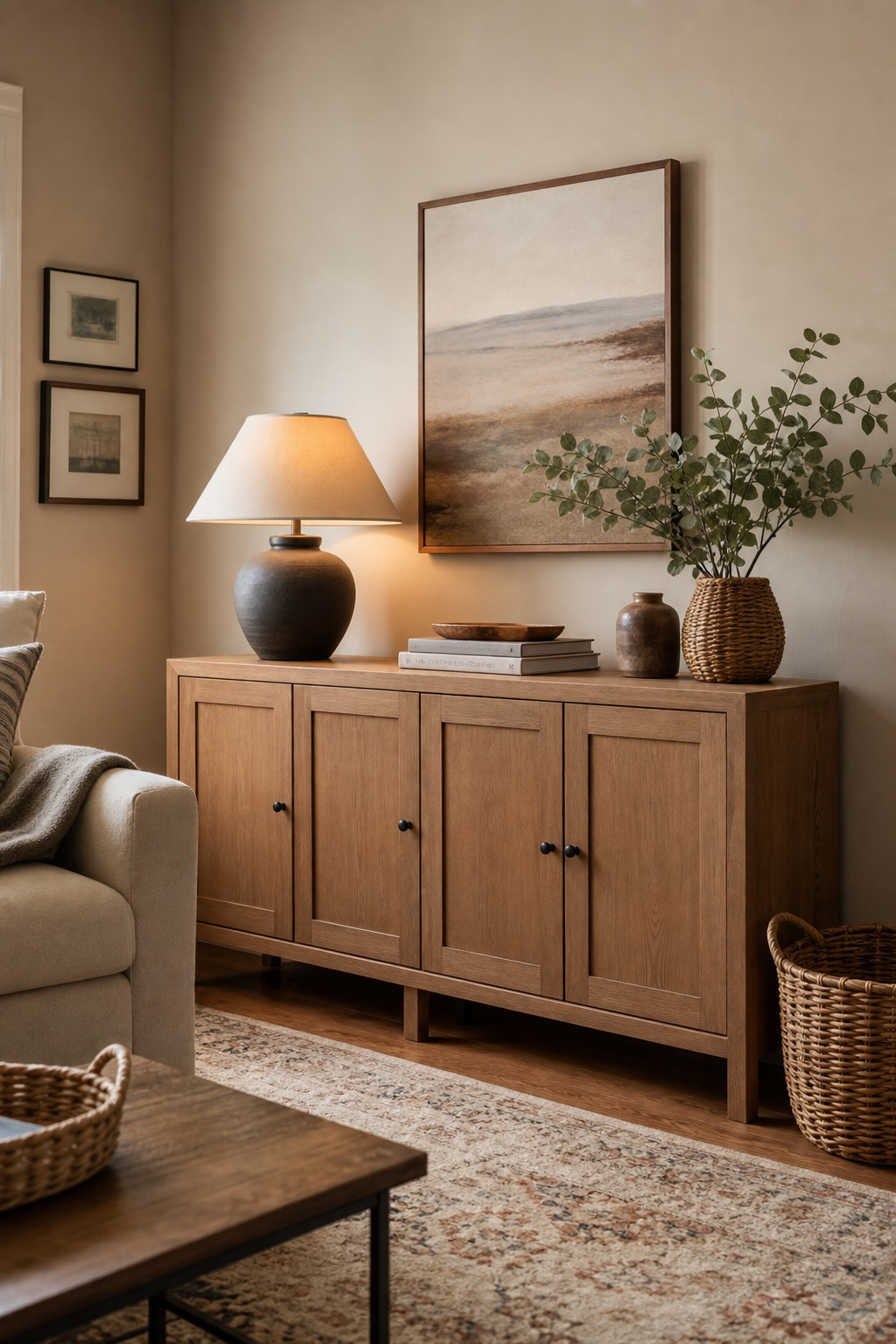 Warm apartment aesthetic idea with create calm with closed storage