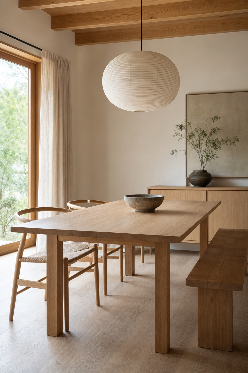 Uncluttered Japandi dining room with oak table and paper cord chairs