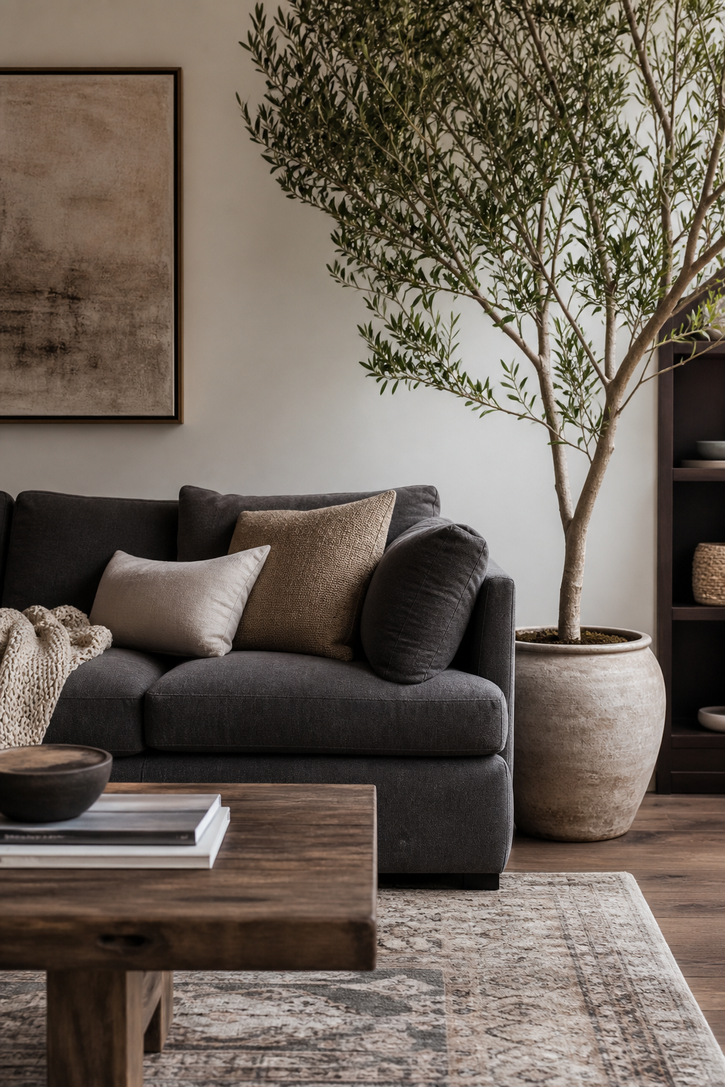 Dark grey couch styling idea with use plants to break up the grey