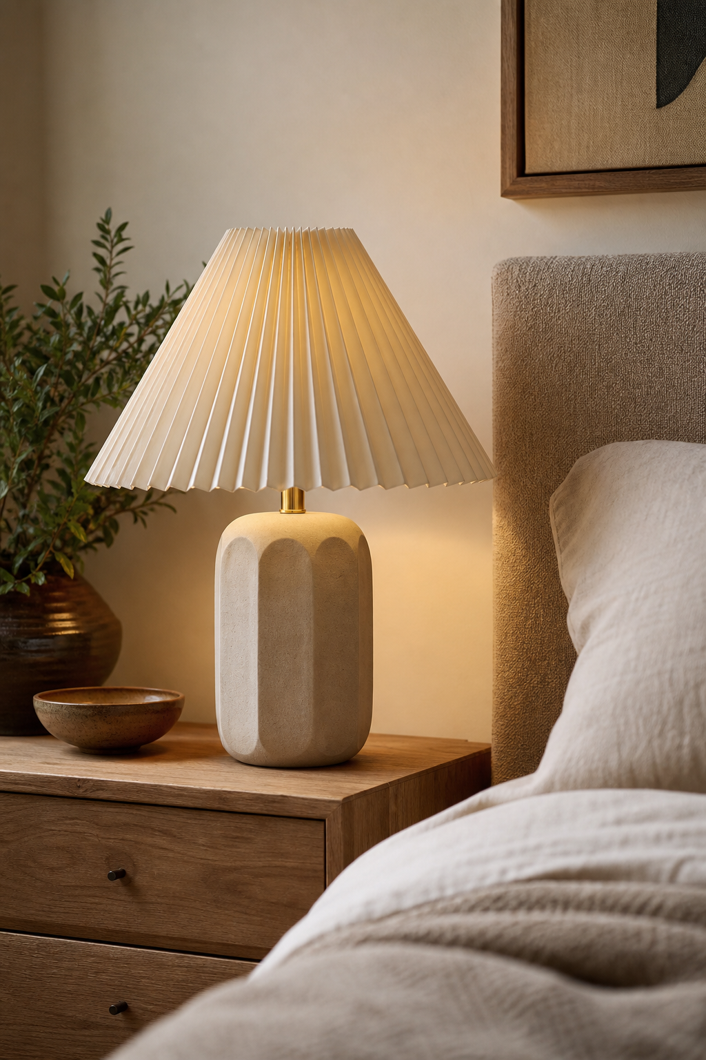 Sculptural ceramic lamp adding warm light to a styled nightstand