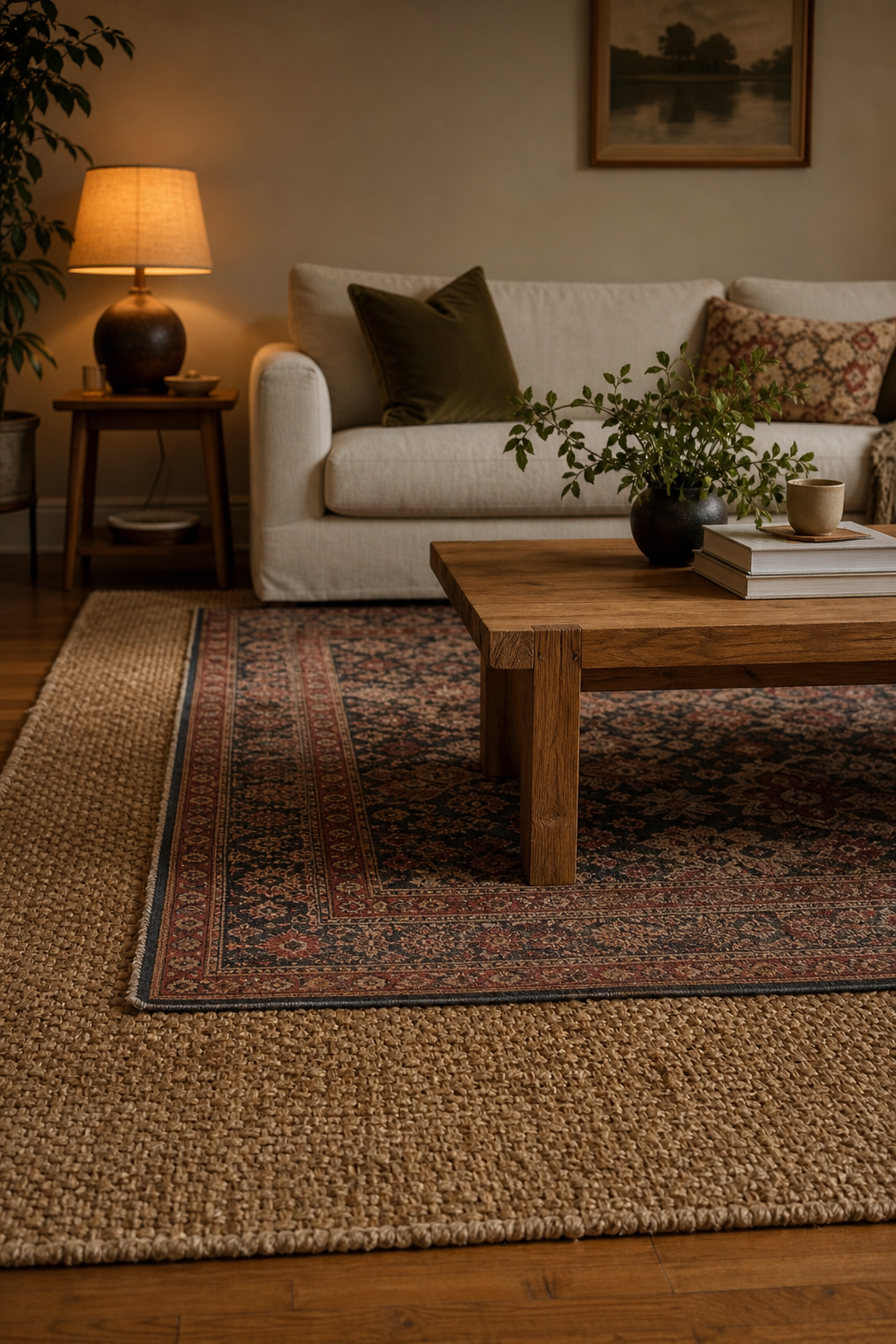 Apartment living room with layered rugs over rental flooring
