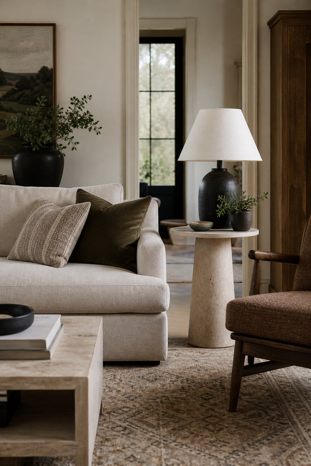 Designer living room with functional side tables in stone and wood, sofa, chair, lamps, coffee table, cozy layered layout
