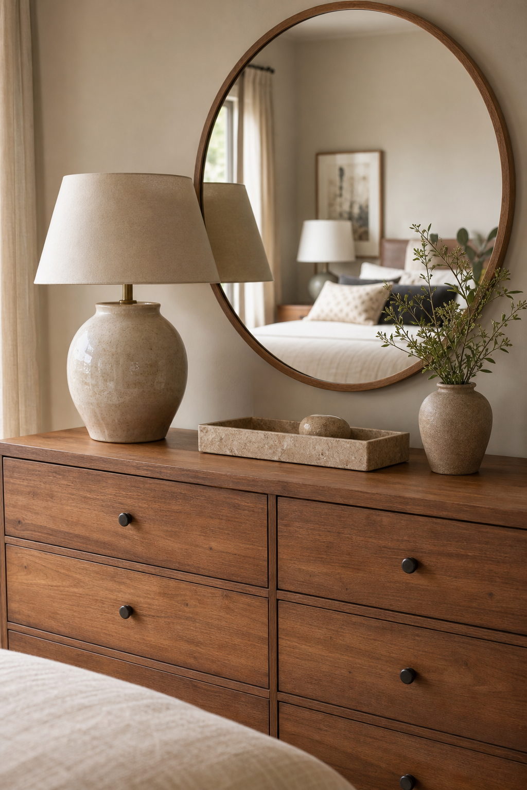 Cozy bedroom dresser styled with mirror lamp tray and vase