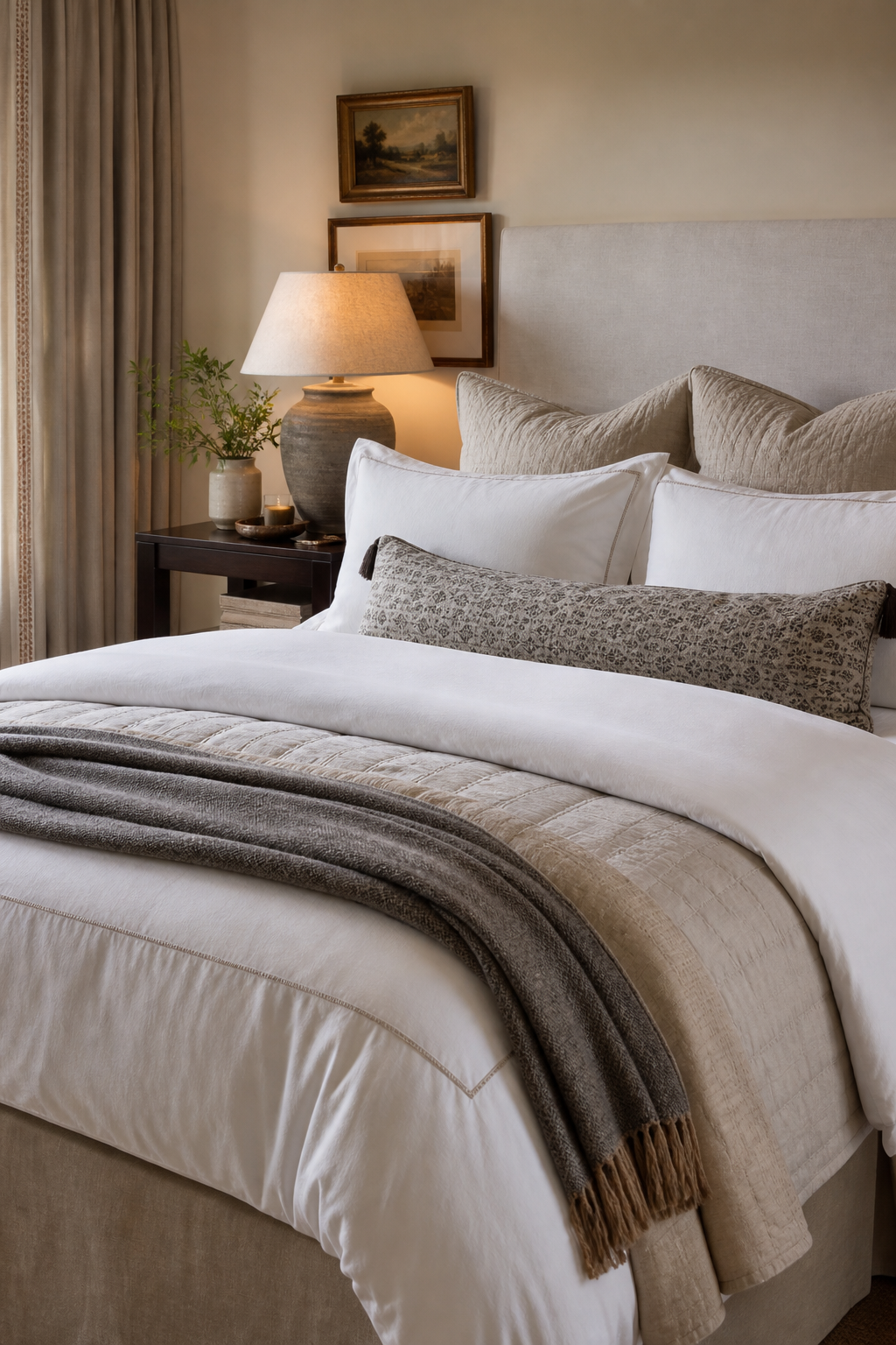 Boutique bedroom bedding with layered pillows quilt and throw