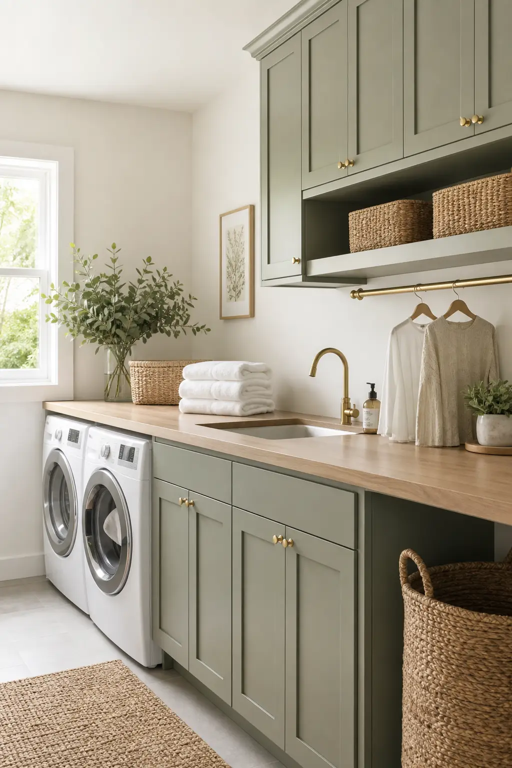 White and sage laundry room with warm wood counter