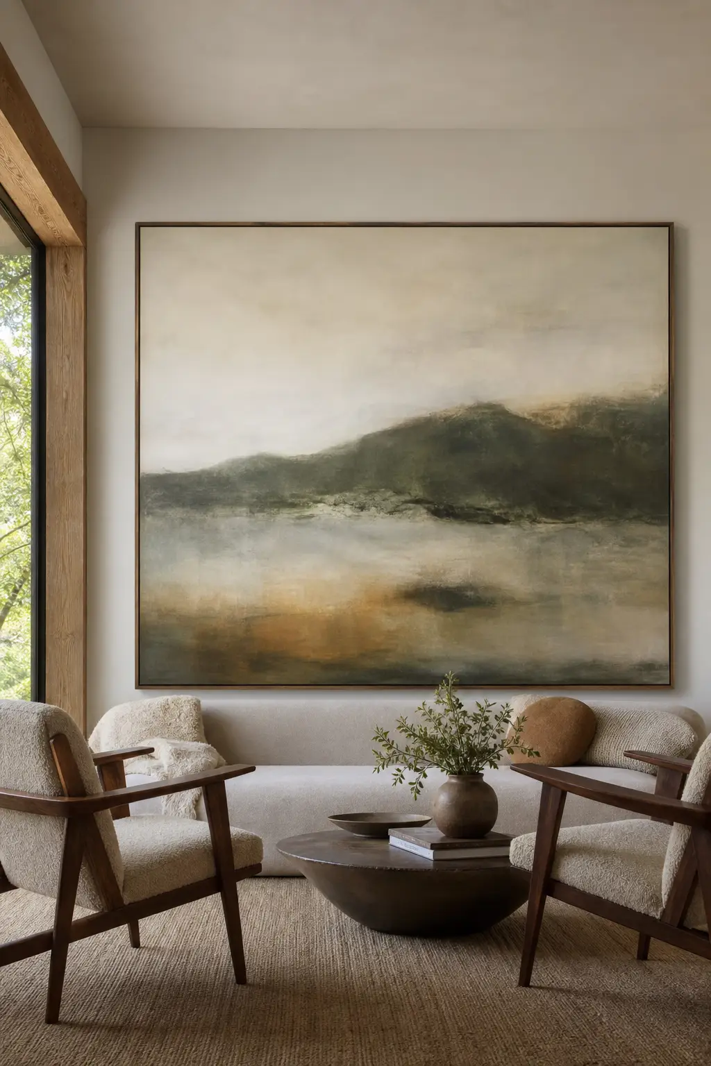 Hang art low enough to connect with seating in a cozy designer conversation room