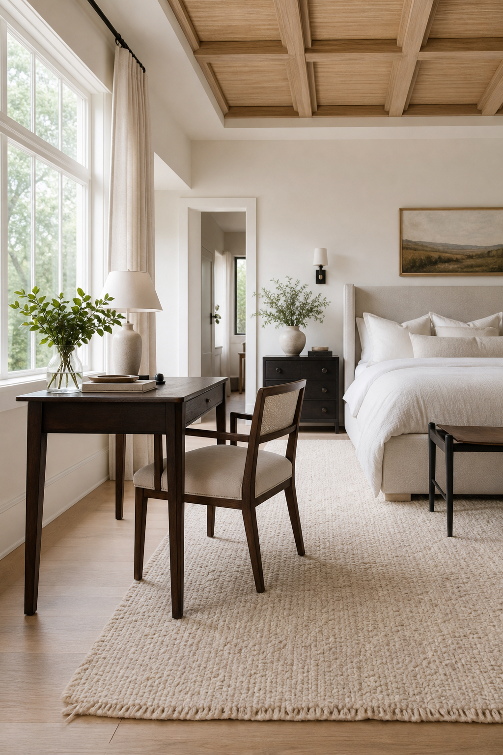 Floating a small desk near the window in a simple bedroom