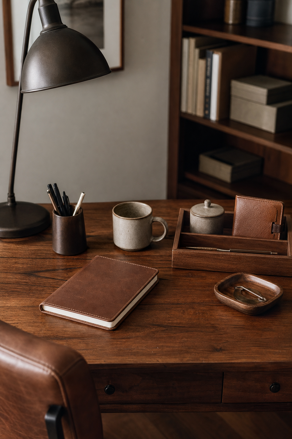 Styled home office desktop with matching wood and leather accessories, ceramic cup, tray, notebook without readable text
