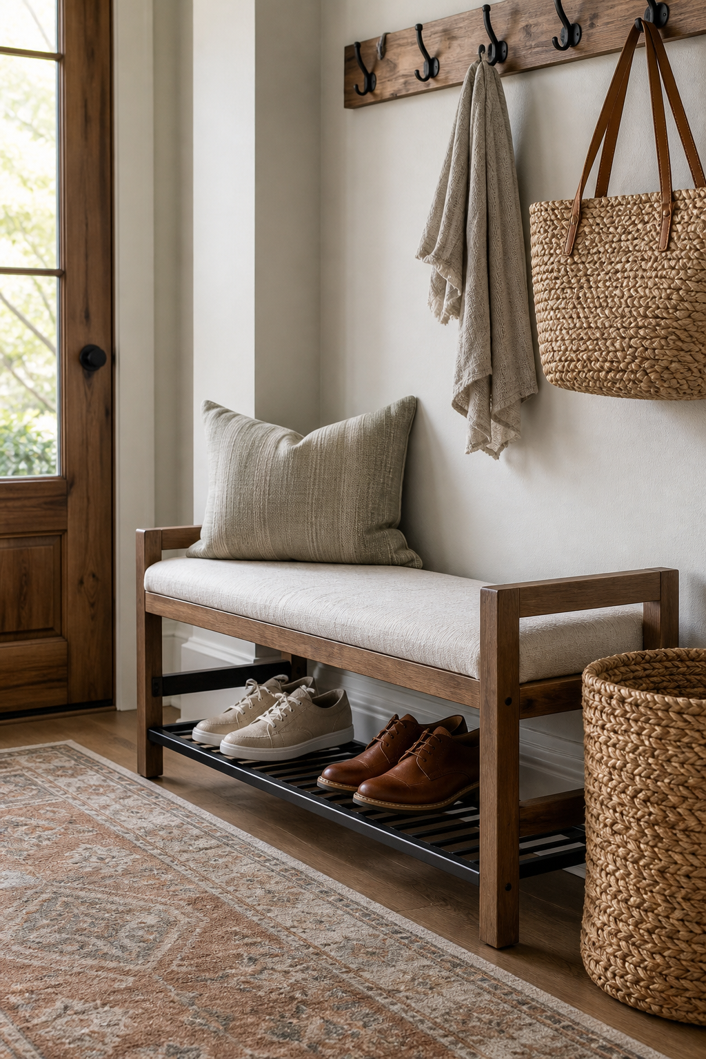 Entryway bench with stylish shoe tray underneath