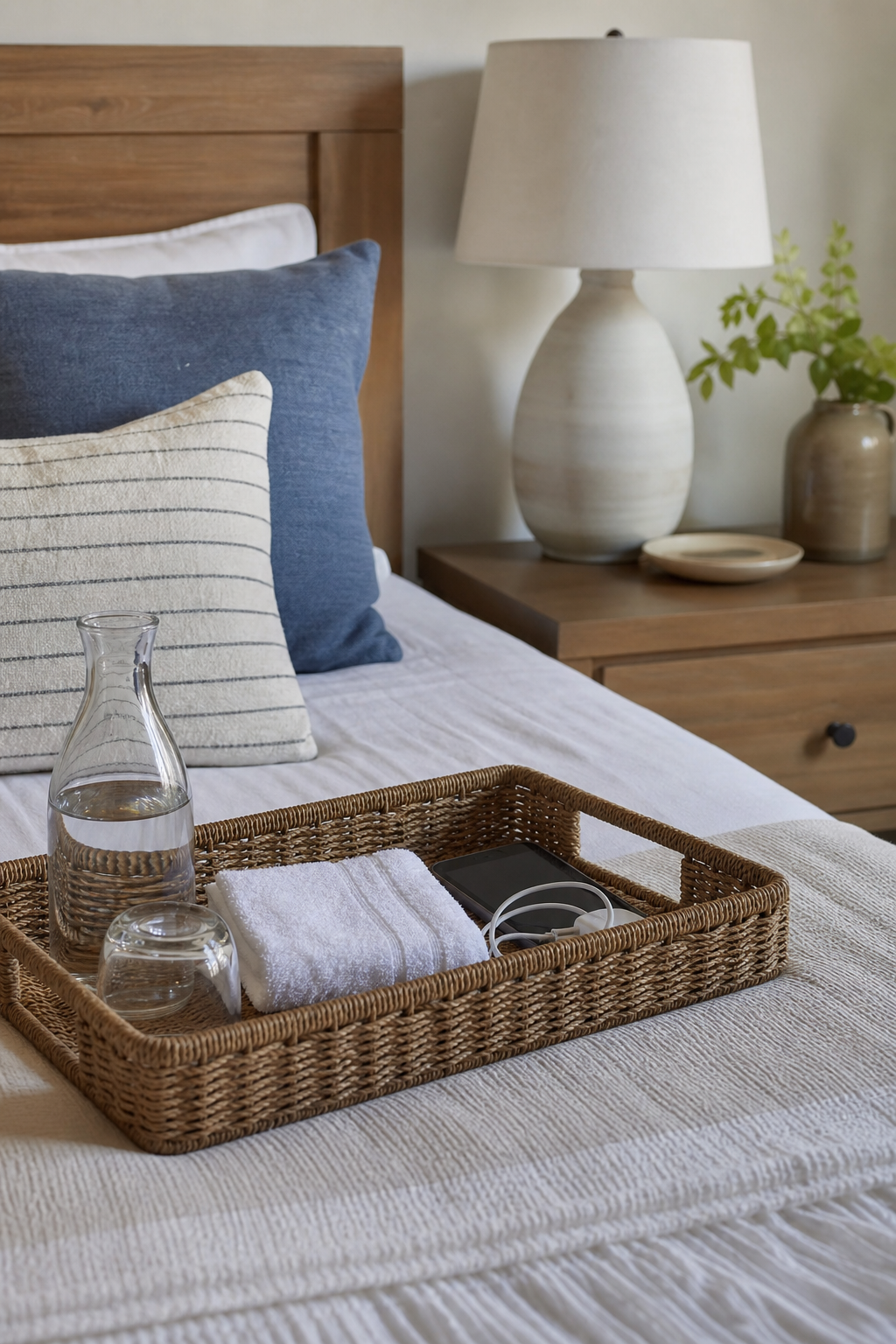 Guest bedroom with thoughtful essentials on tray, water carafe, charger, towel, lamp, clutter-free nightstand