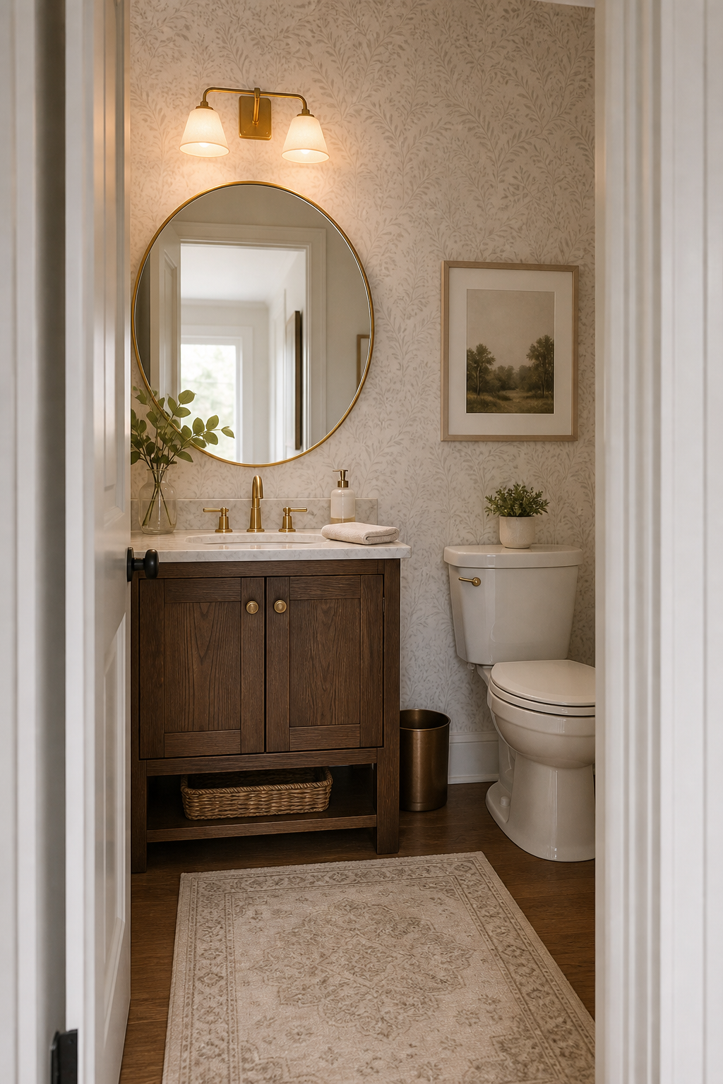 Finished compact powder room with clear counter, petite vanity, round mirror, folded towel, and soft rug