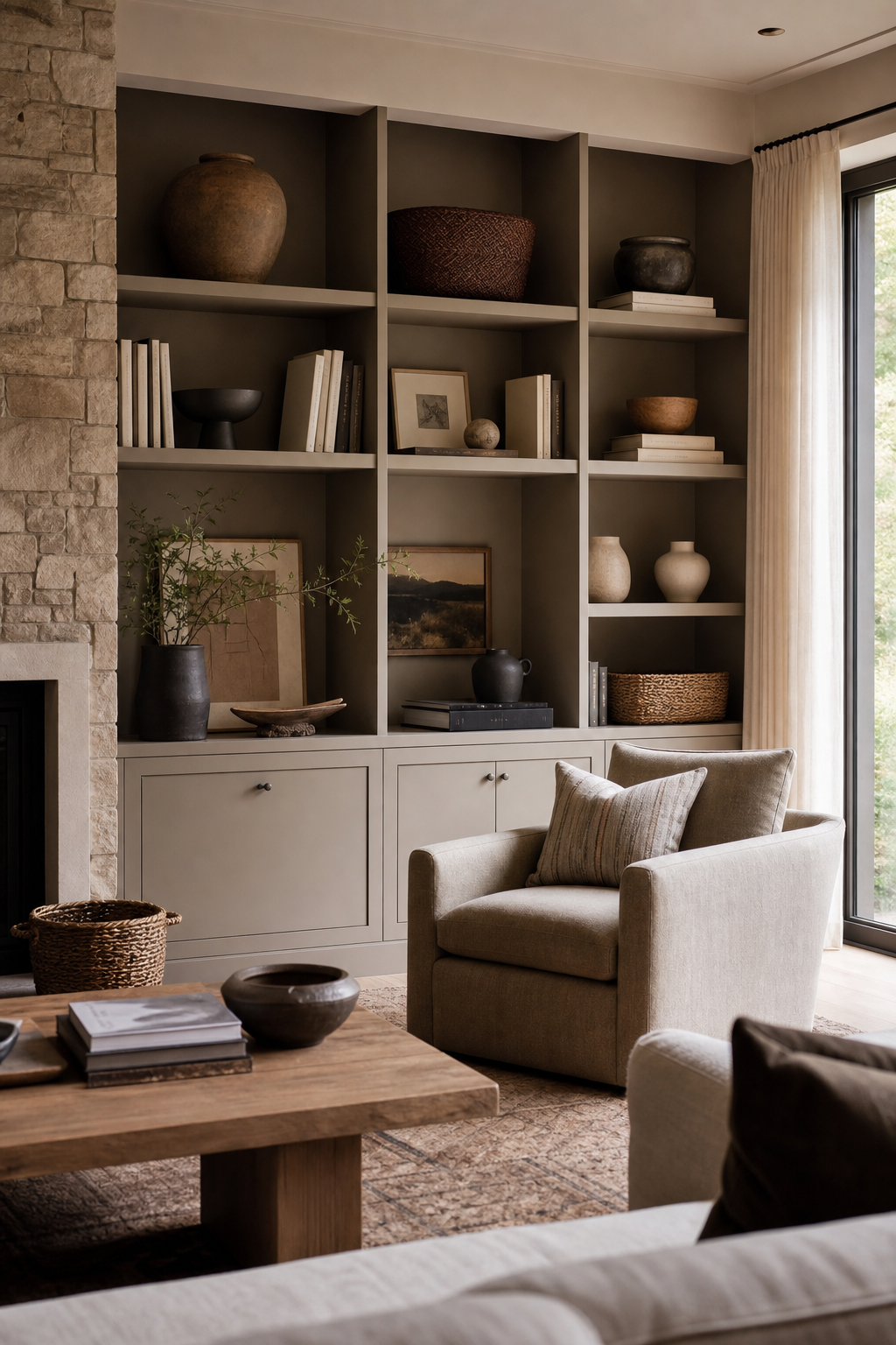 Use Built-In Shelves For Character in a cozy designer living room