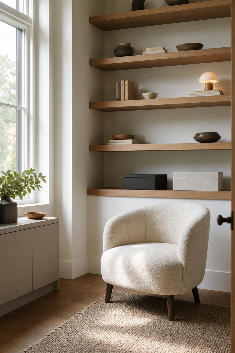 Small room makeover with open shelves styled sparsely and elegantly
