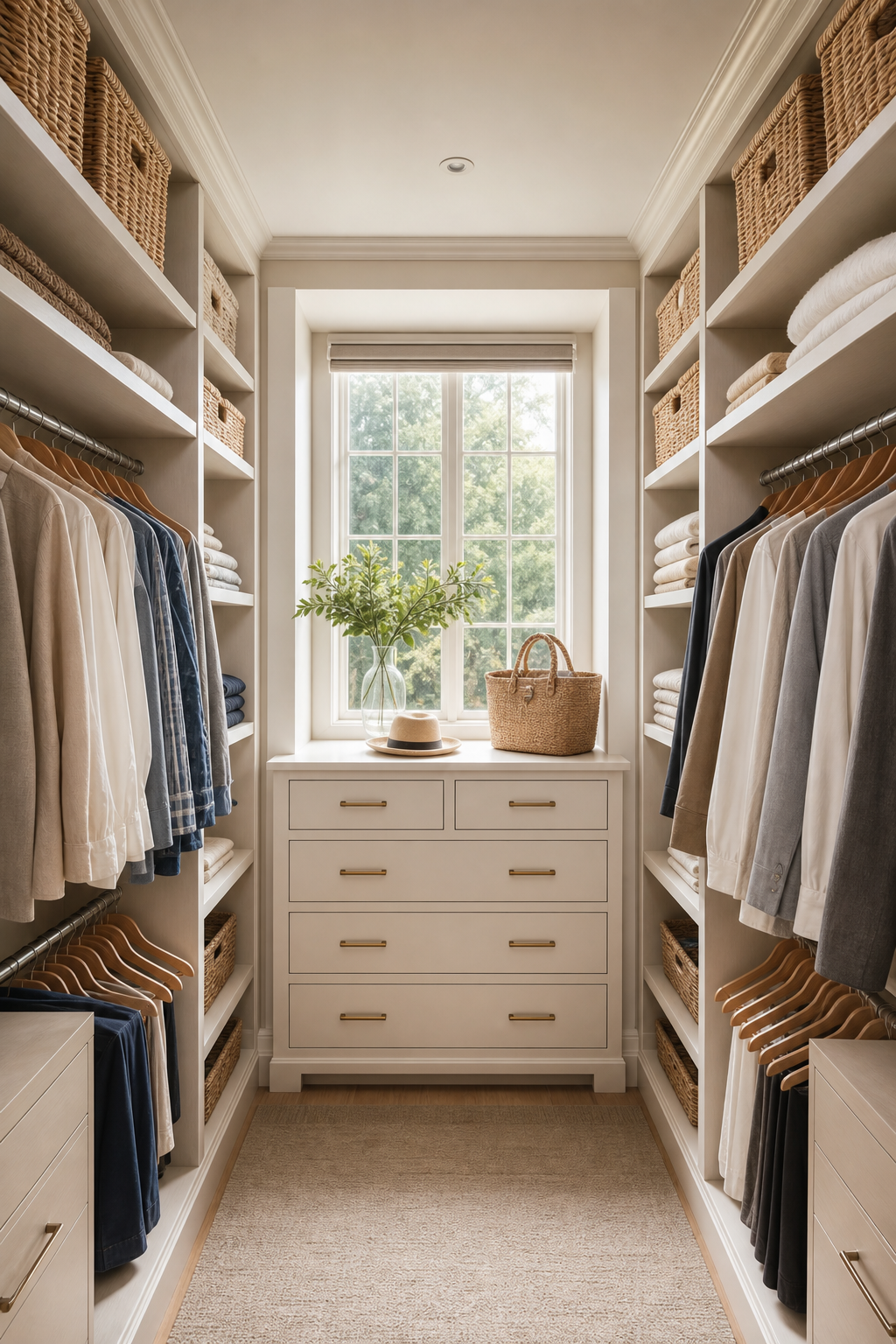 Finish With Matching Hangers And Baskets in a neat stylish walk-in closet