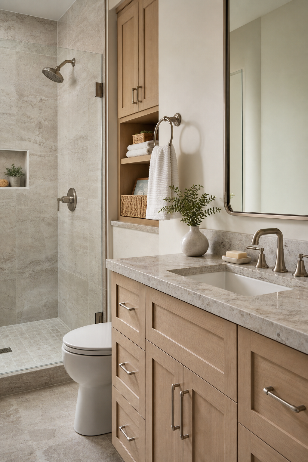 Choose brushed nickel for softer shine in a spa-like guest bathroom