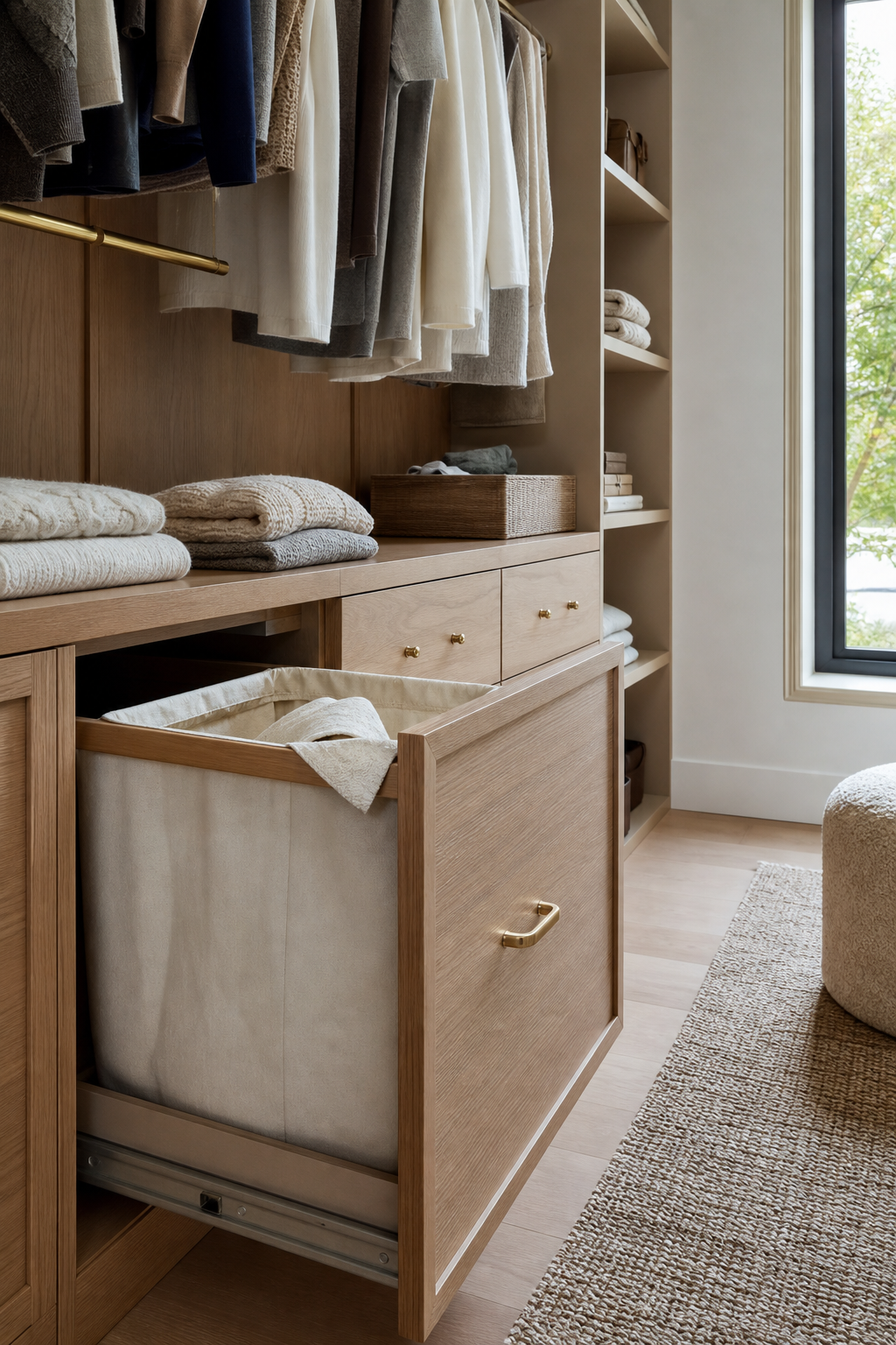 Neat clothing room with create a handbag display shelf