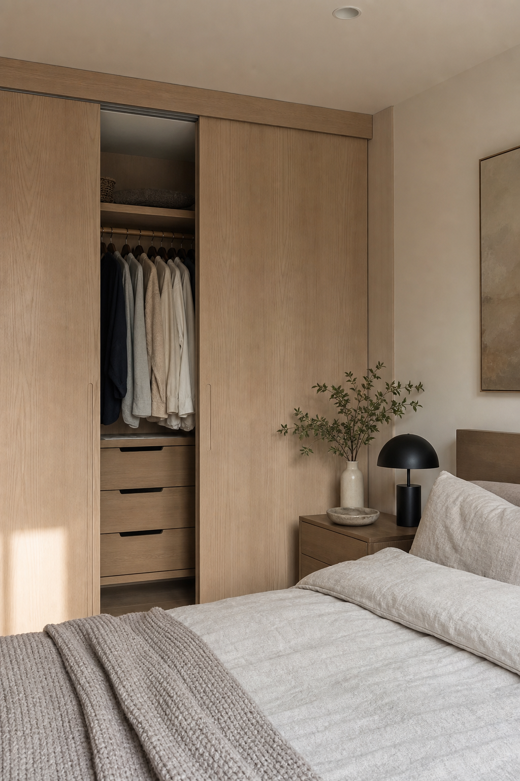 Compact bedroom with rift oak sliding closet doors and organized built-in storage